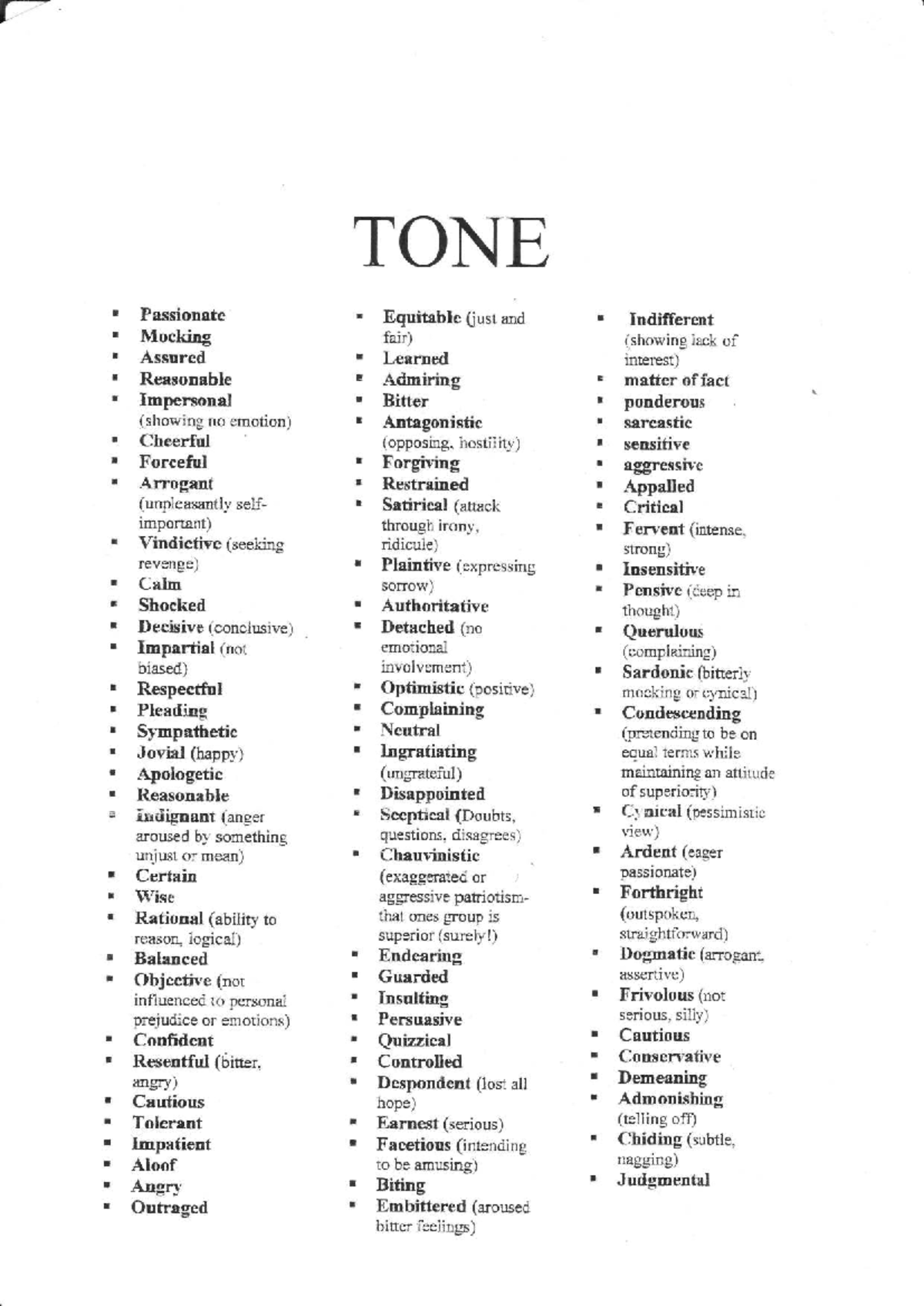 Tone List for File-15: Passionate, Indifferent, and More - Studocu