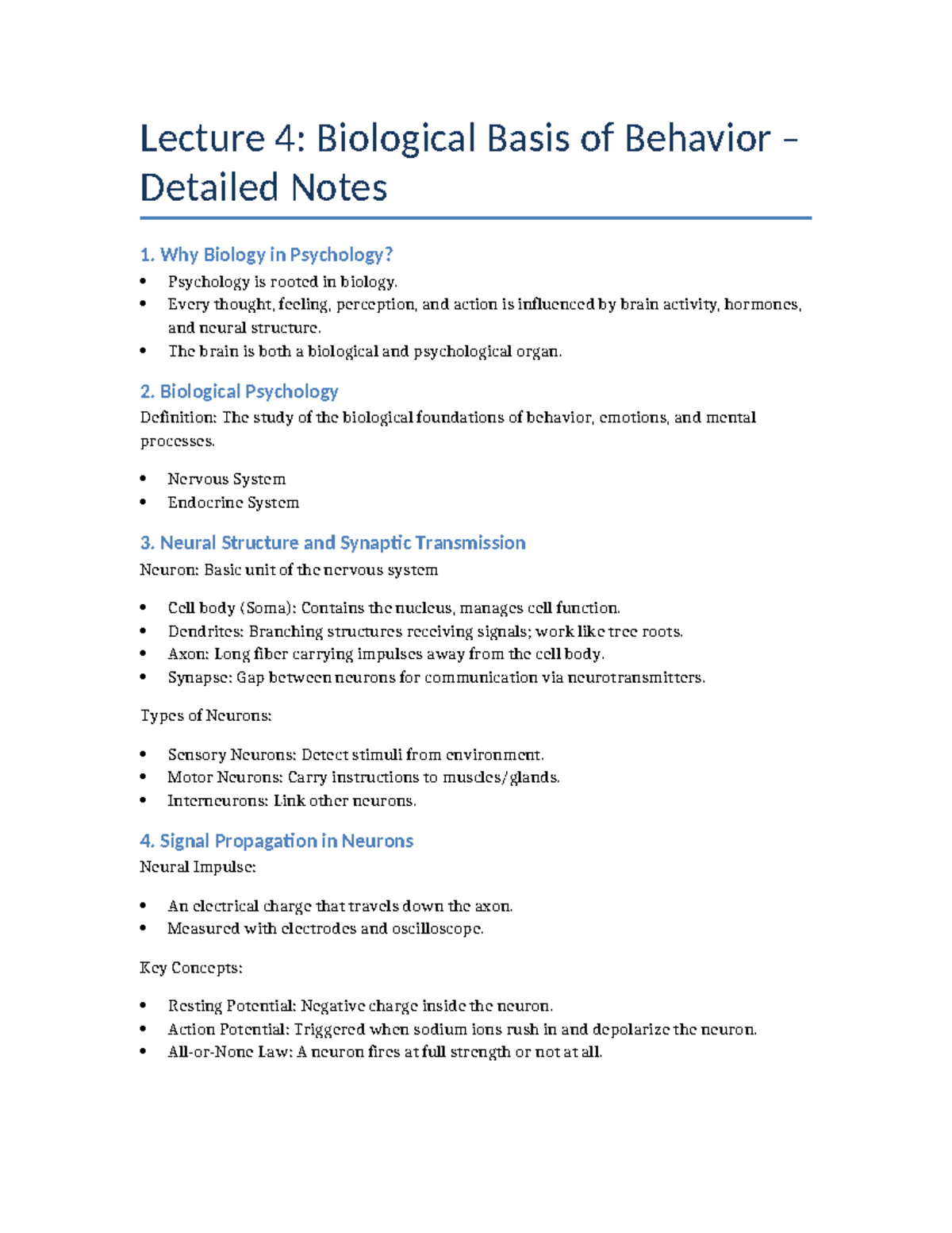 Lecture 4: Biological Basis of Behavior - Detailed Notes (PSY 101 ...