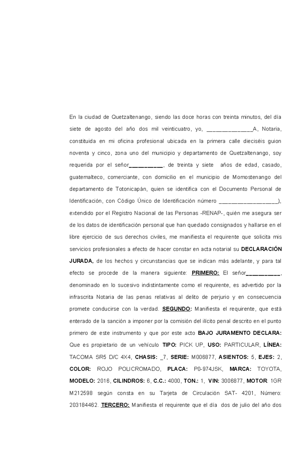 Declaración Jurada de Expertaje de Vehículo en Quetzaltenango - Document Preview