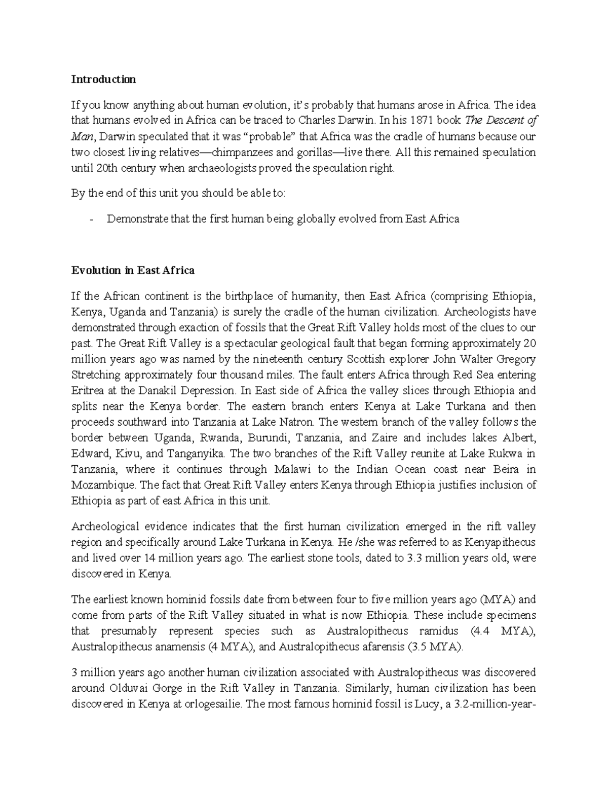 Unit 1 - Lecture Notes on Human Evolution in East Africa - Studocu
