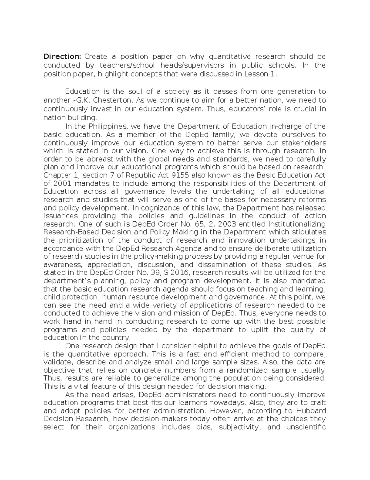 Position Paper on the Importance of Quantitative Research in Education ...