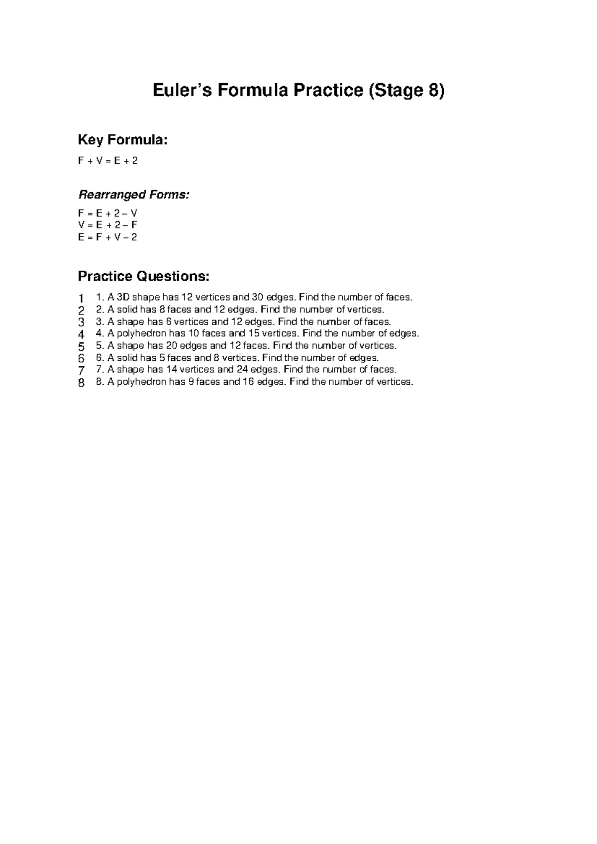 Stage 8: Euler's Formula Practice Questions and Key - Studocu