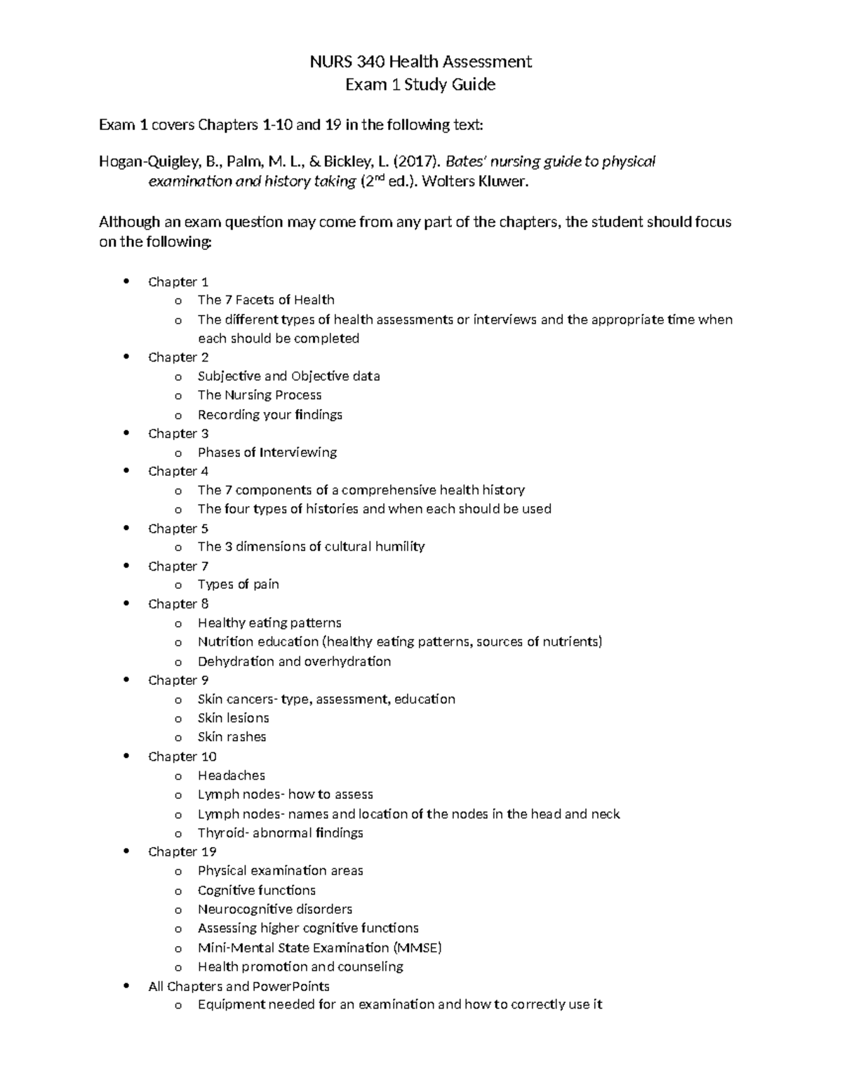 NURS 340 Health Assessment Exam 1 Study Guide: Key Topics & Focus Areas ...