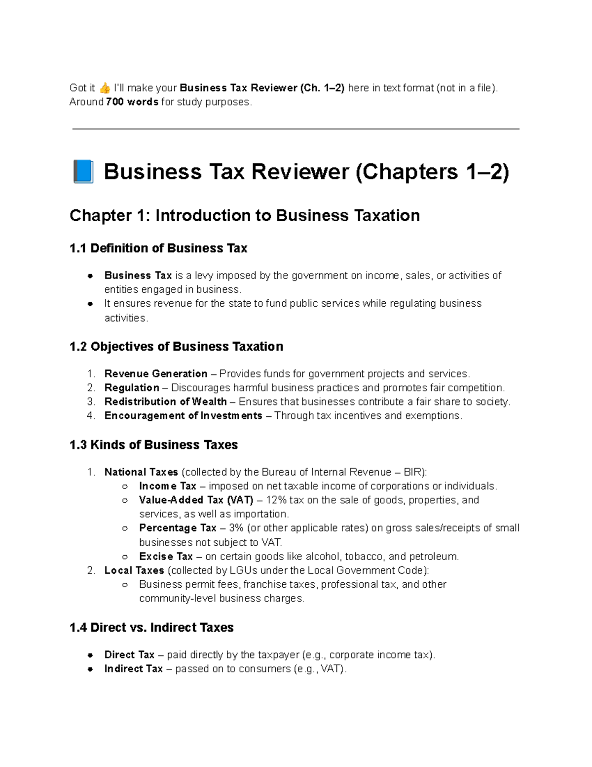 Business TAX Reviewer (Ch. 1 & 2): Key Concepts & Principles - Studocu