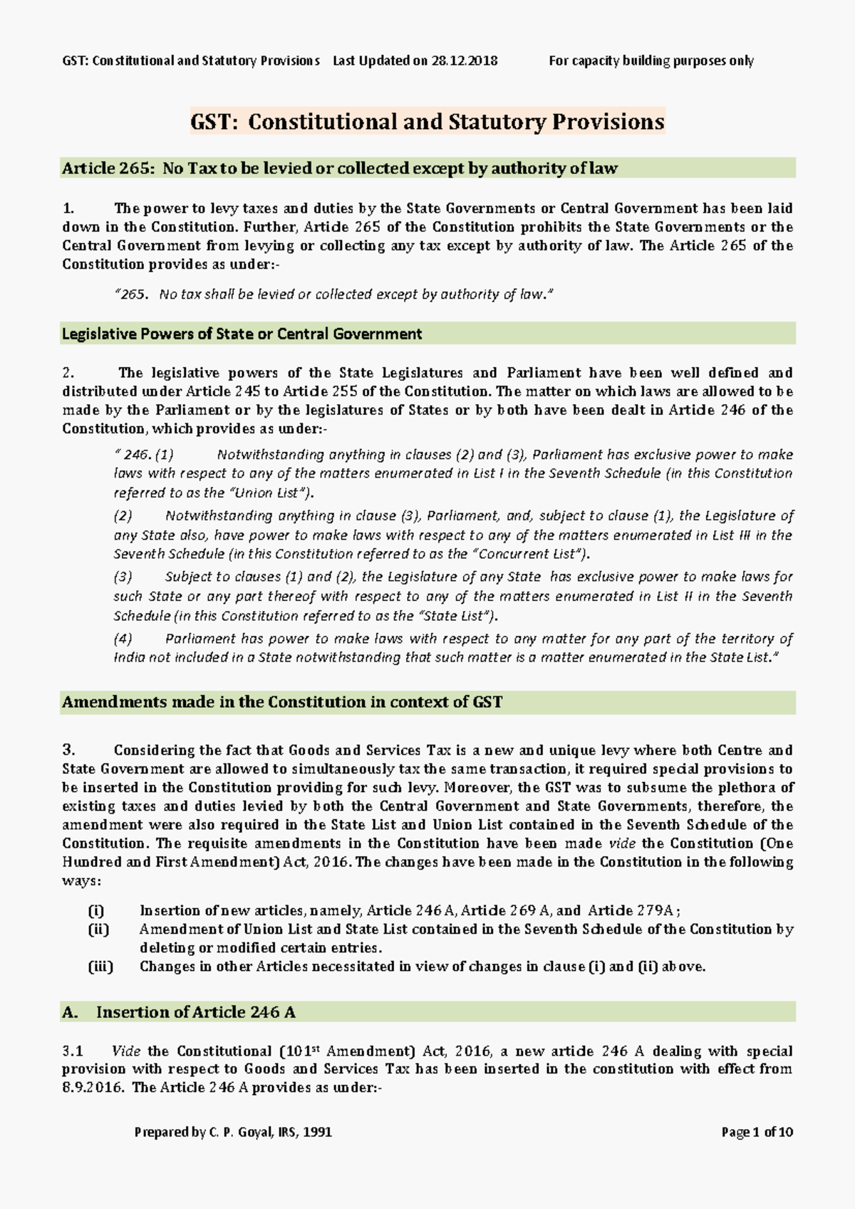 GST: Constitutional and Statutory Provisions Overview (Updated 28.12. ...
