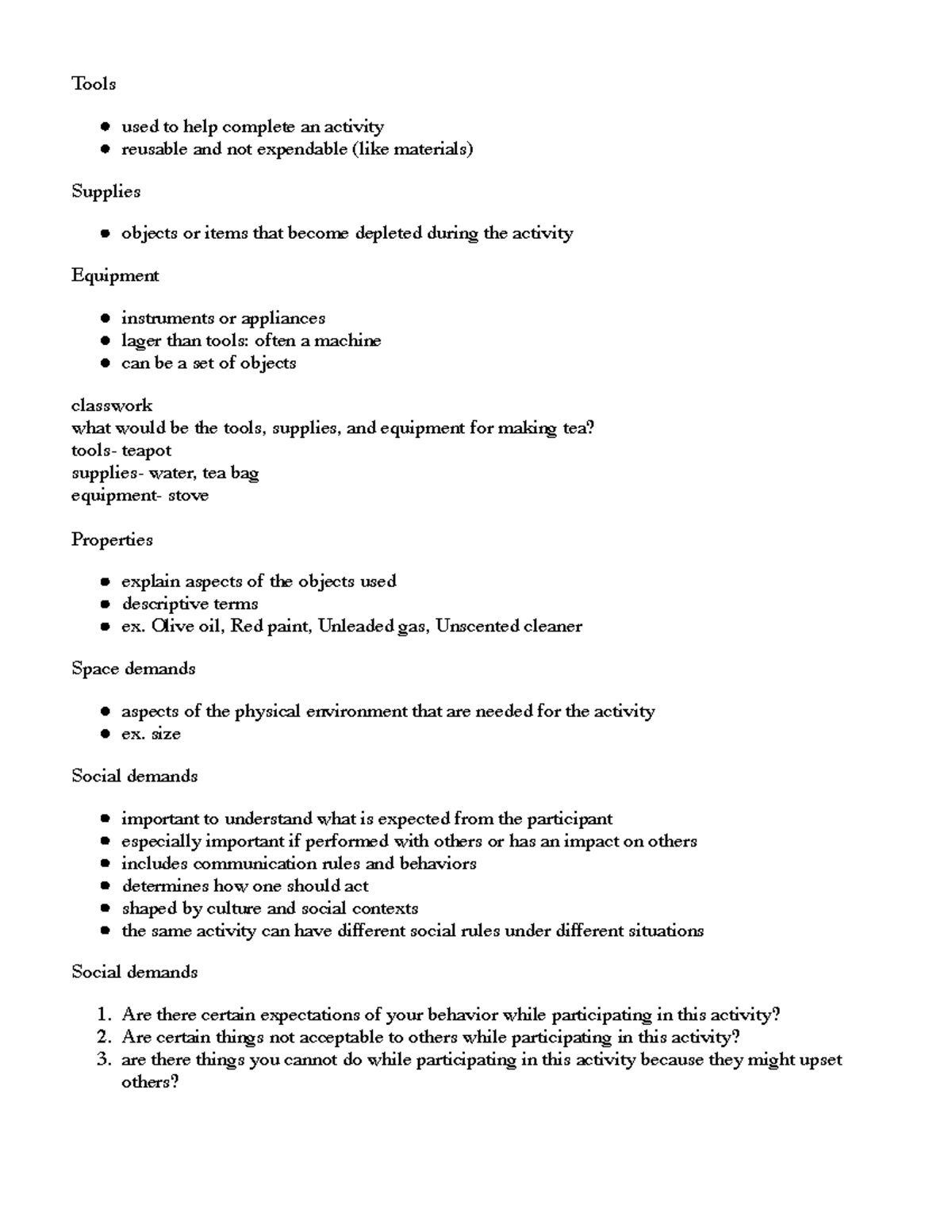 Understanding Object, Space, and Social Demands in Activities - Studocu