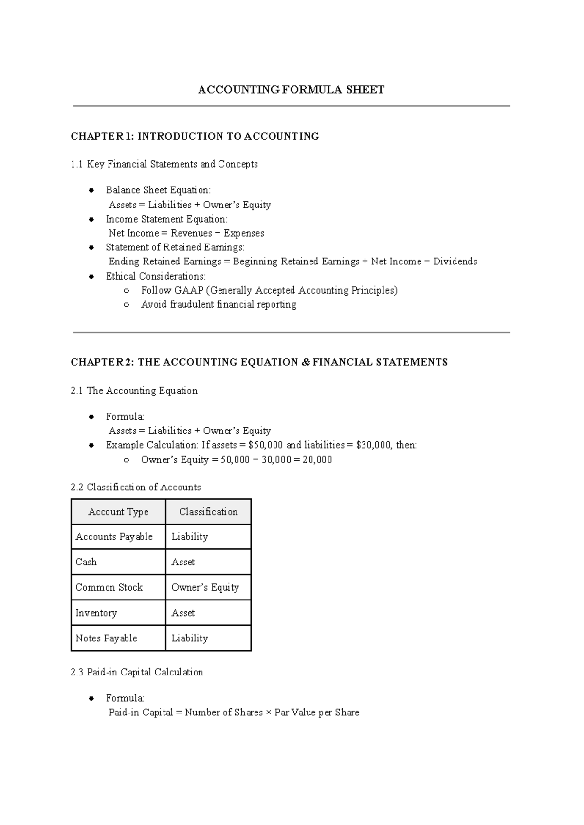 Accounting Formula Sheet: Chapters 1-6 Overview and Key Concepts - Studocu