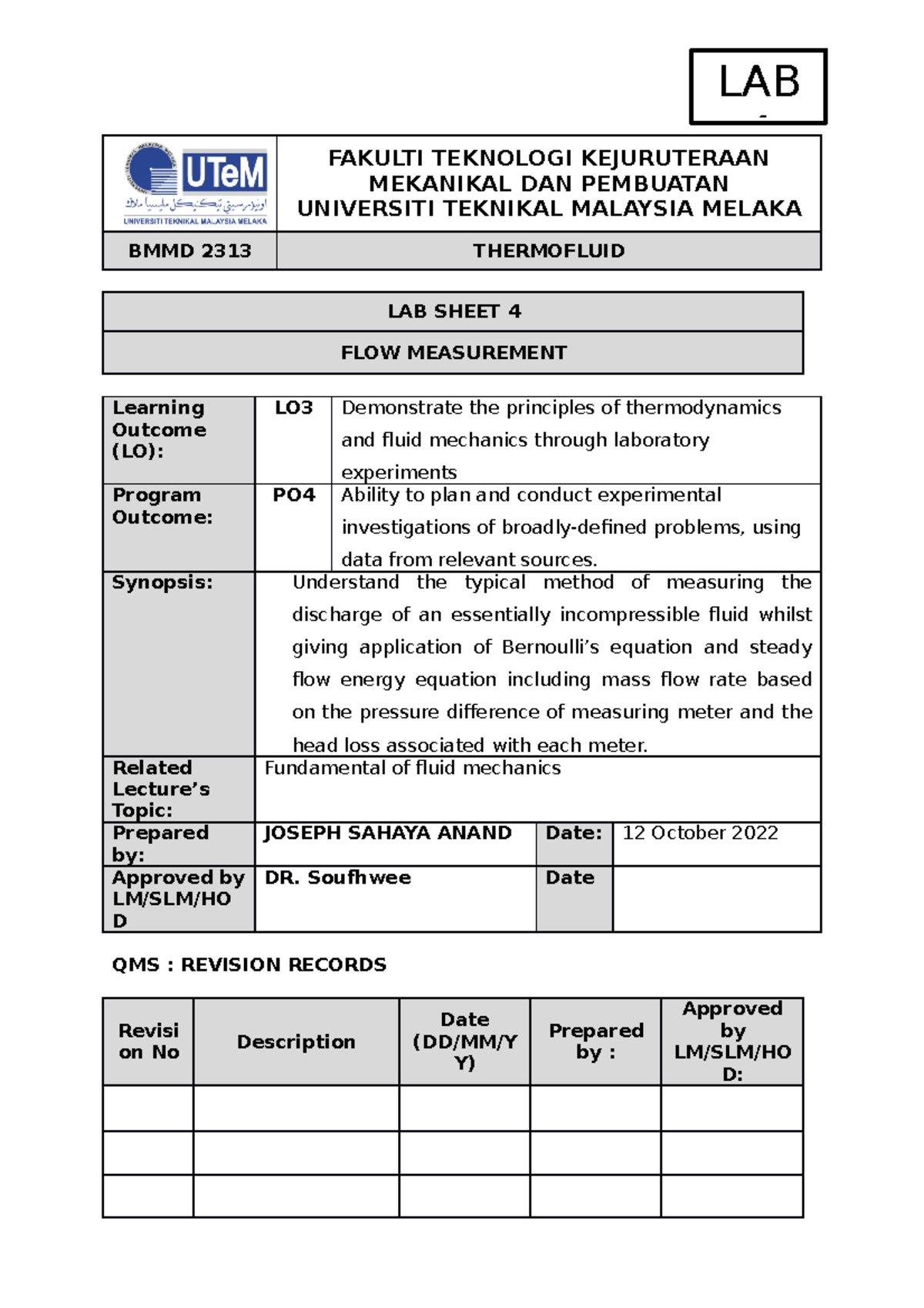 LAB 4 BMMD 2313 Flow Measurement Techniques and Analysis 2022/23 - Studocu
