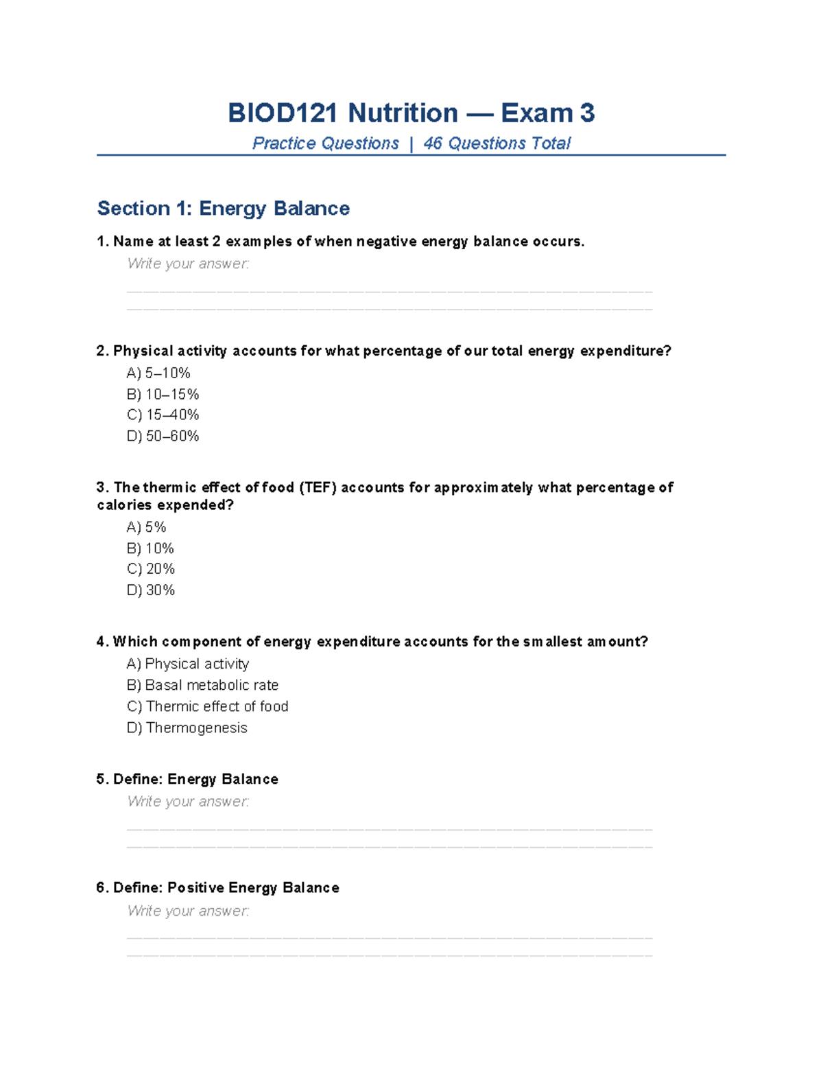BIOD121 Nutrition Exam 3 Practice Questions and Answers - Studocu
