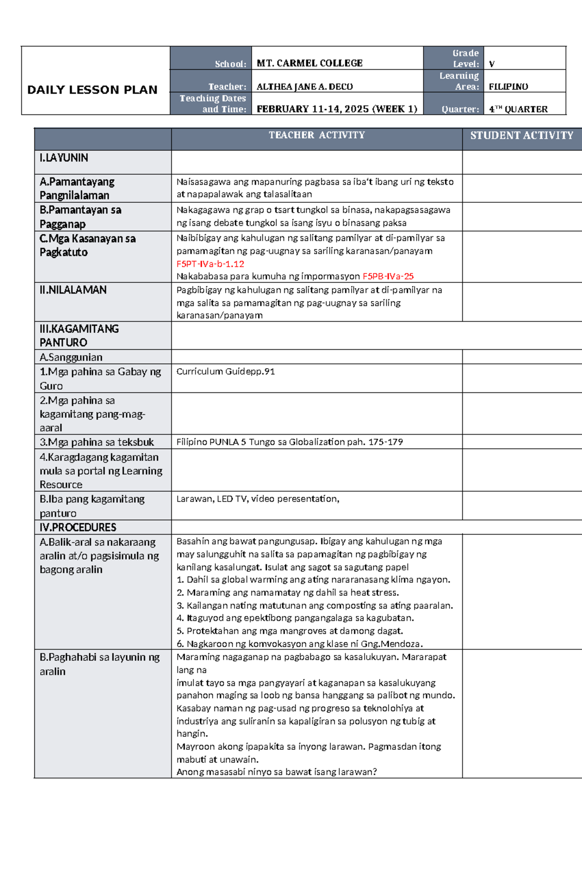 DLL Filipino 5 Q4 W1: Daily Lesson Plan for Global Warming Awareness ...