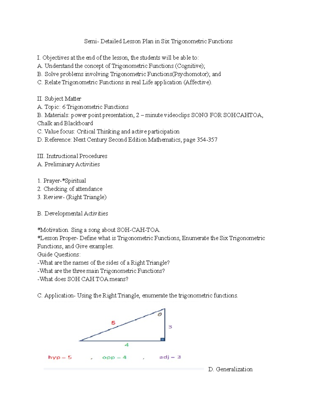 Detailed Lesson Plan on Six Trigonometric Functions (Math 101) - Studocu