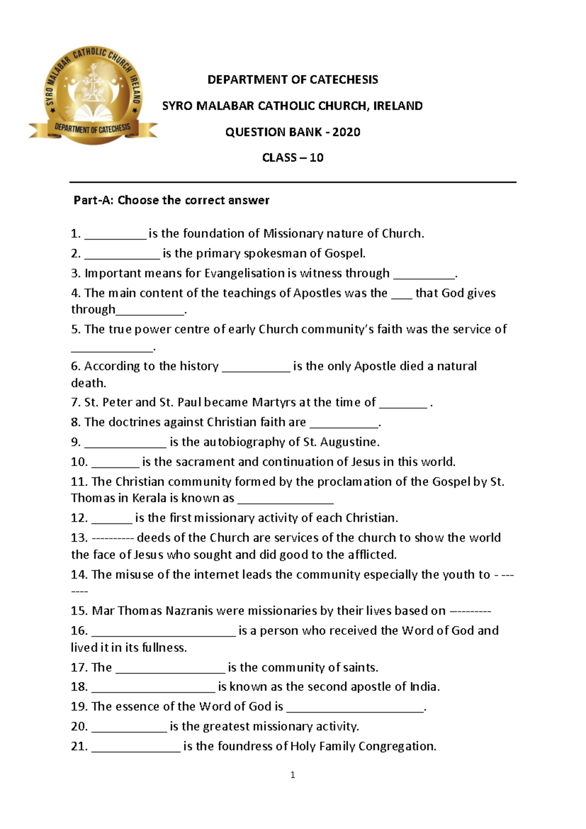 Class 10 Question Bank 2020 - Syro Malabar Catholic Church - Studocu