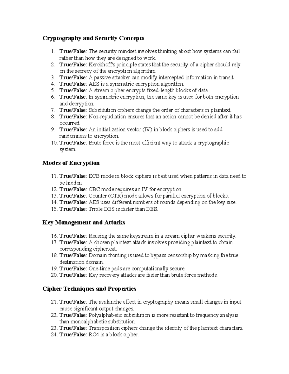 Cryptography and Security Concepts: True/False Quiz and Key Topics ...