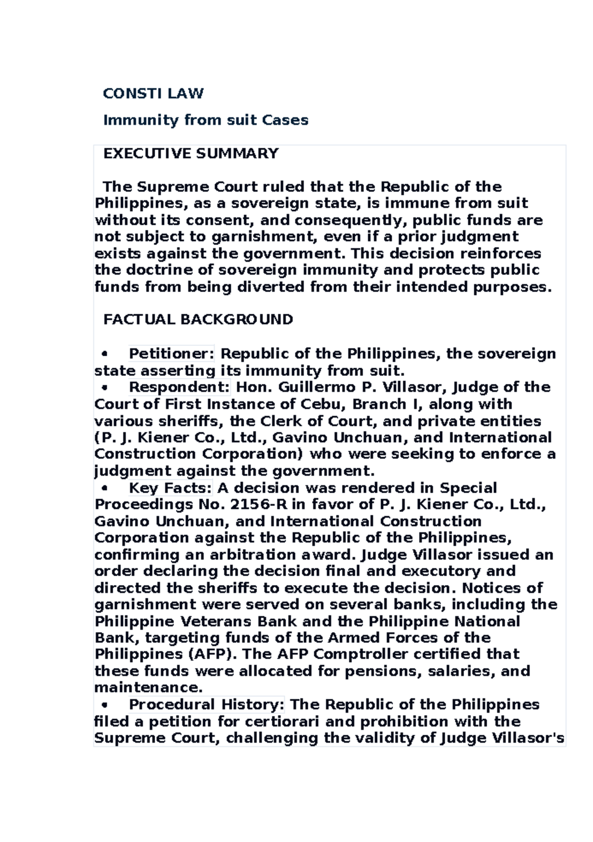 CONSTI LAW 1: Executive Summary on Sovereign Immunity Cases - Studocu