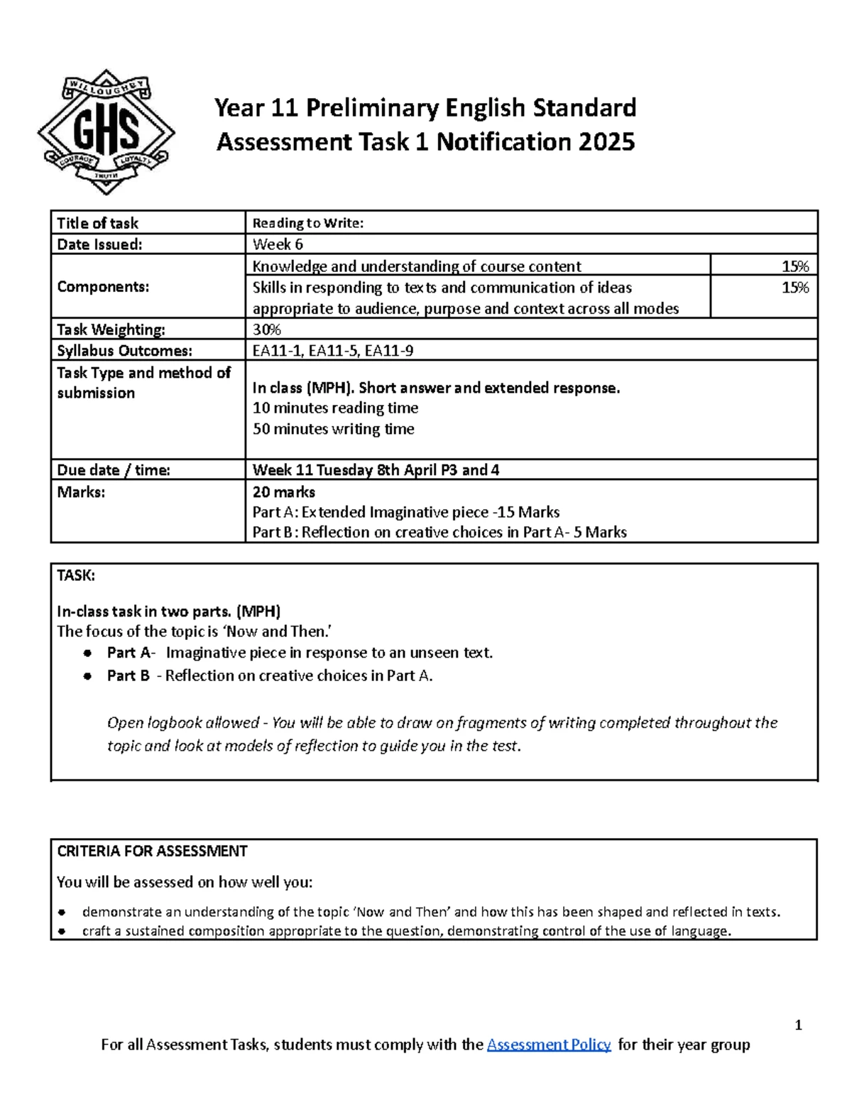 11LEG2: Year 11 Legal Studies Assessment Task 1 Notification 2025 - Studocu