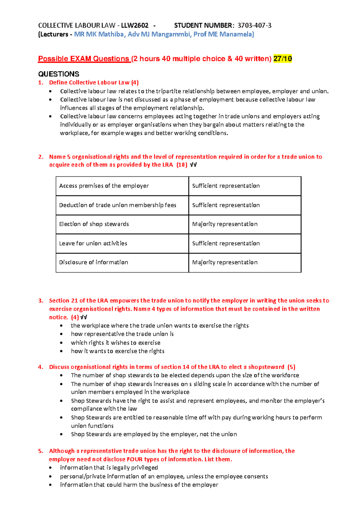 LLW2602 - Possible Exam Questions on Collective Labour Law - Studocu