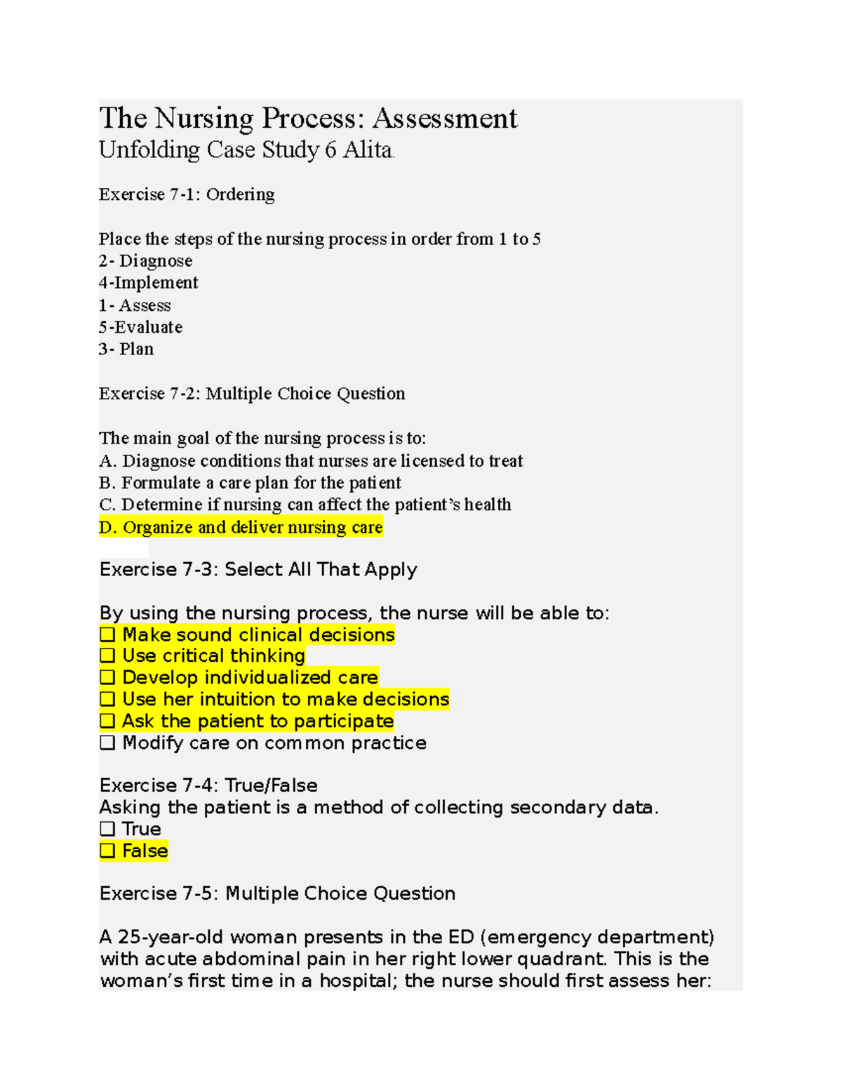 Nursing Process Case Study A2: Assessment & Exercises Overview - Studocu