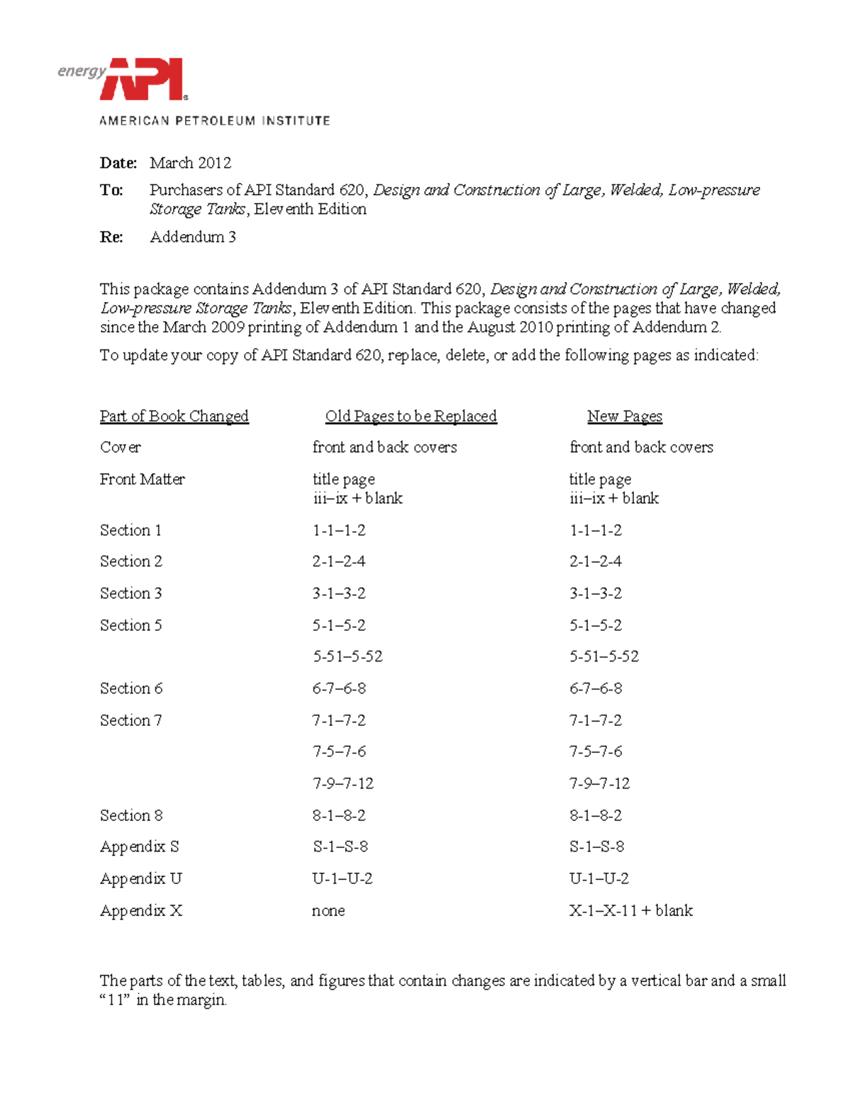 API Standard 620, Design & Construction of Storage Tanks, Addendum 3 ...