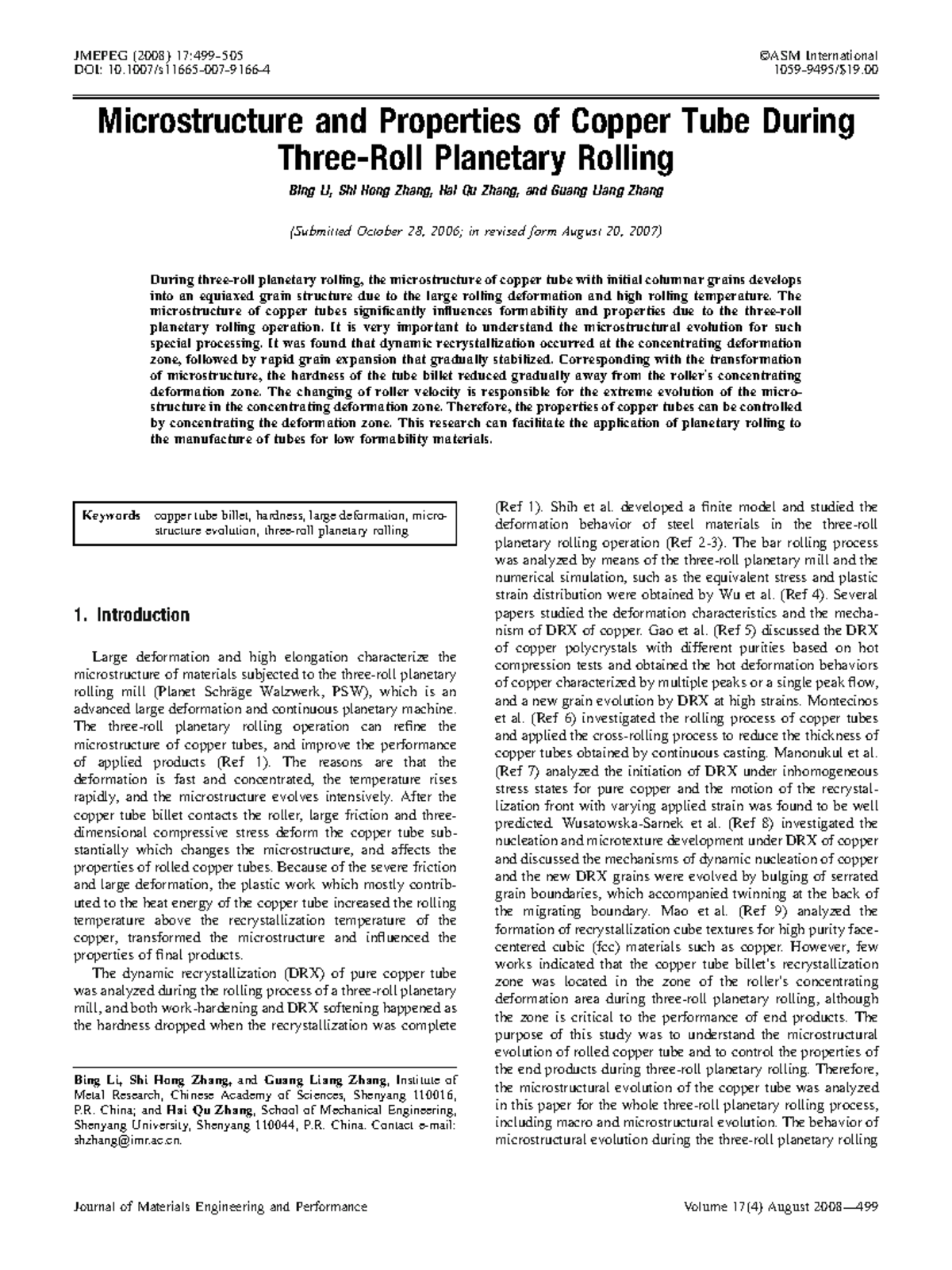 Microstructure and Properties of Copper Tube During - The ...
