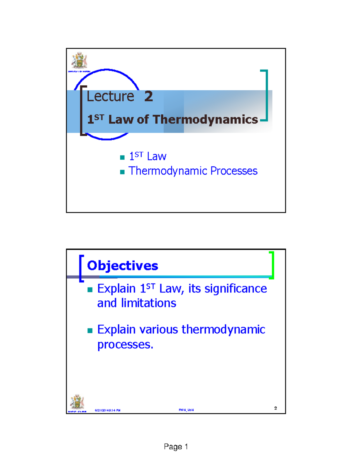 Lecture 2 ist law of thermodynamics - UNIVERSITY OF NAIROBI Lecture 2 ...