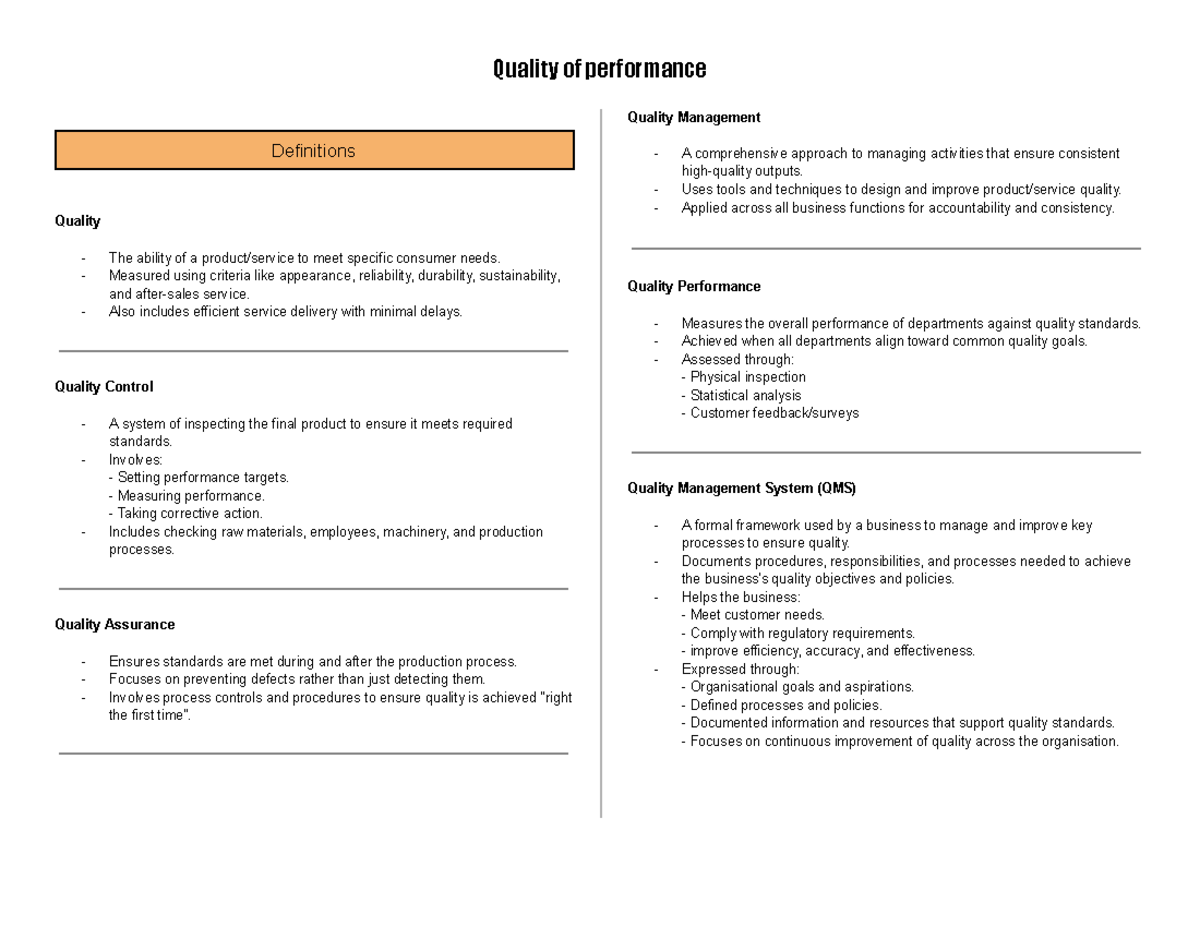 Quality Management Notes (QM 101): Performance, Control, and Assurance ...