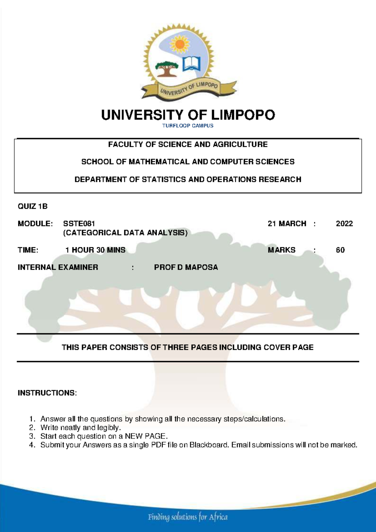 SSTE081 Quiz 1B 2022: Categorical Data Analysis Exam Paper - Studocu