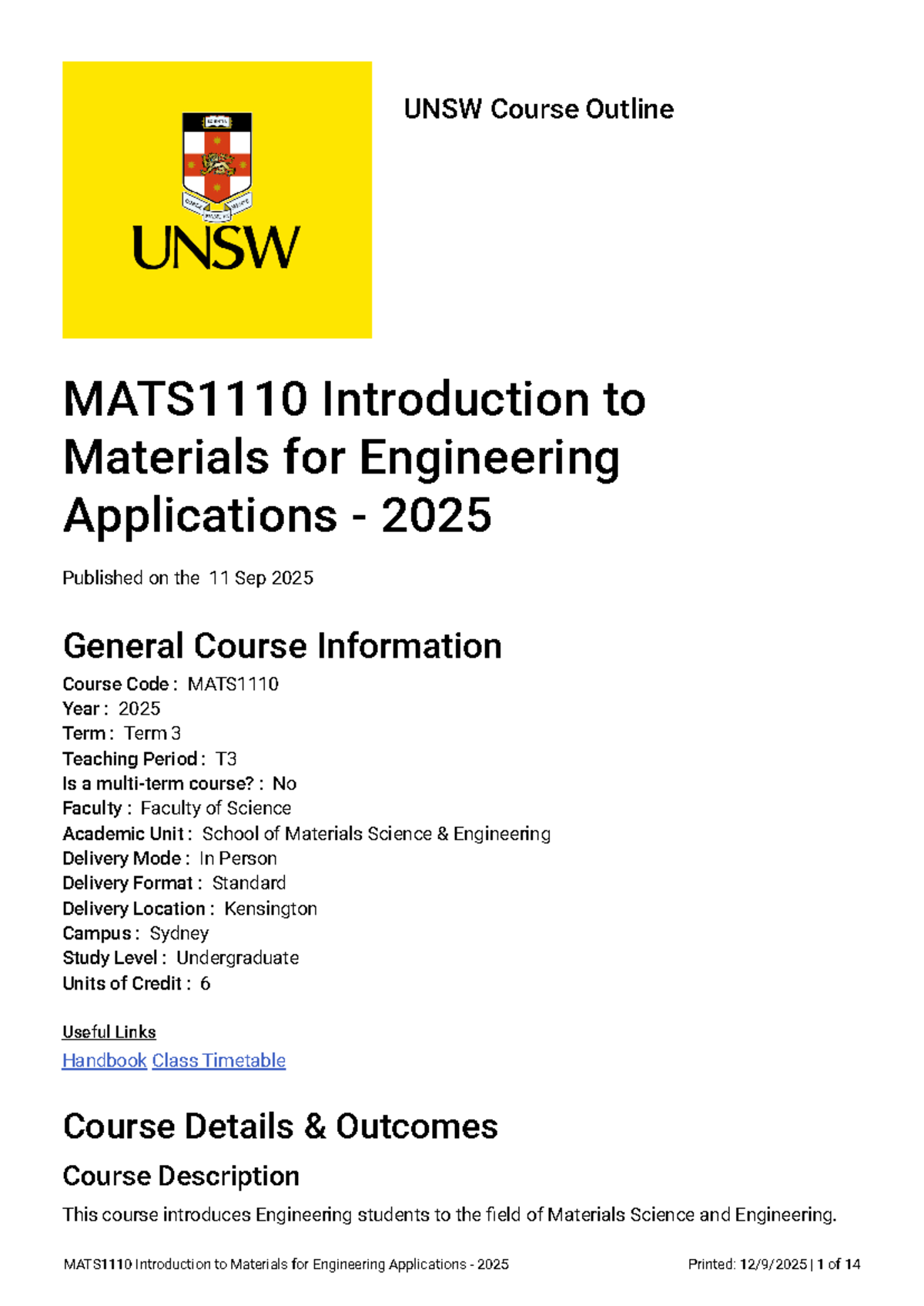 MATS1110 Course Outline: Introduction to Materials for Engineering ...