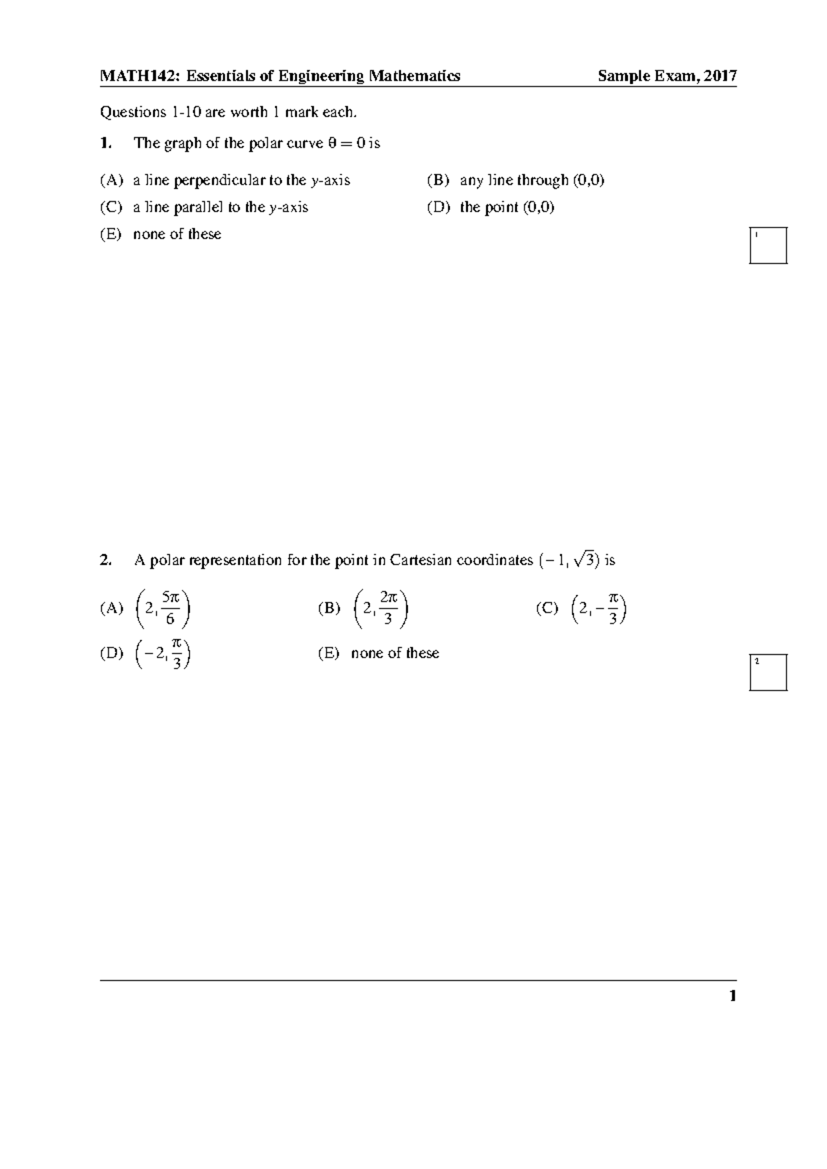 Math142 sample paper - final exam - Questions 1-10 are worth 1 mark ...