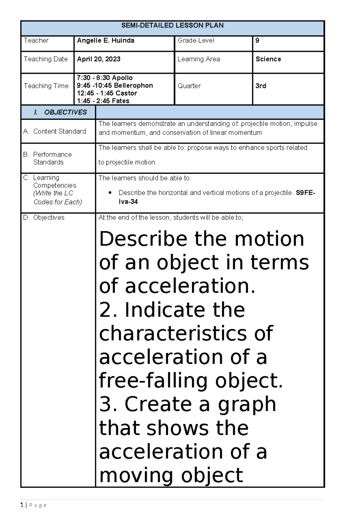 DLP- Lesson Plan on Acceleration for Grade 9 Science - April 20 - Studocu