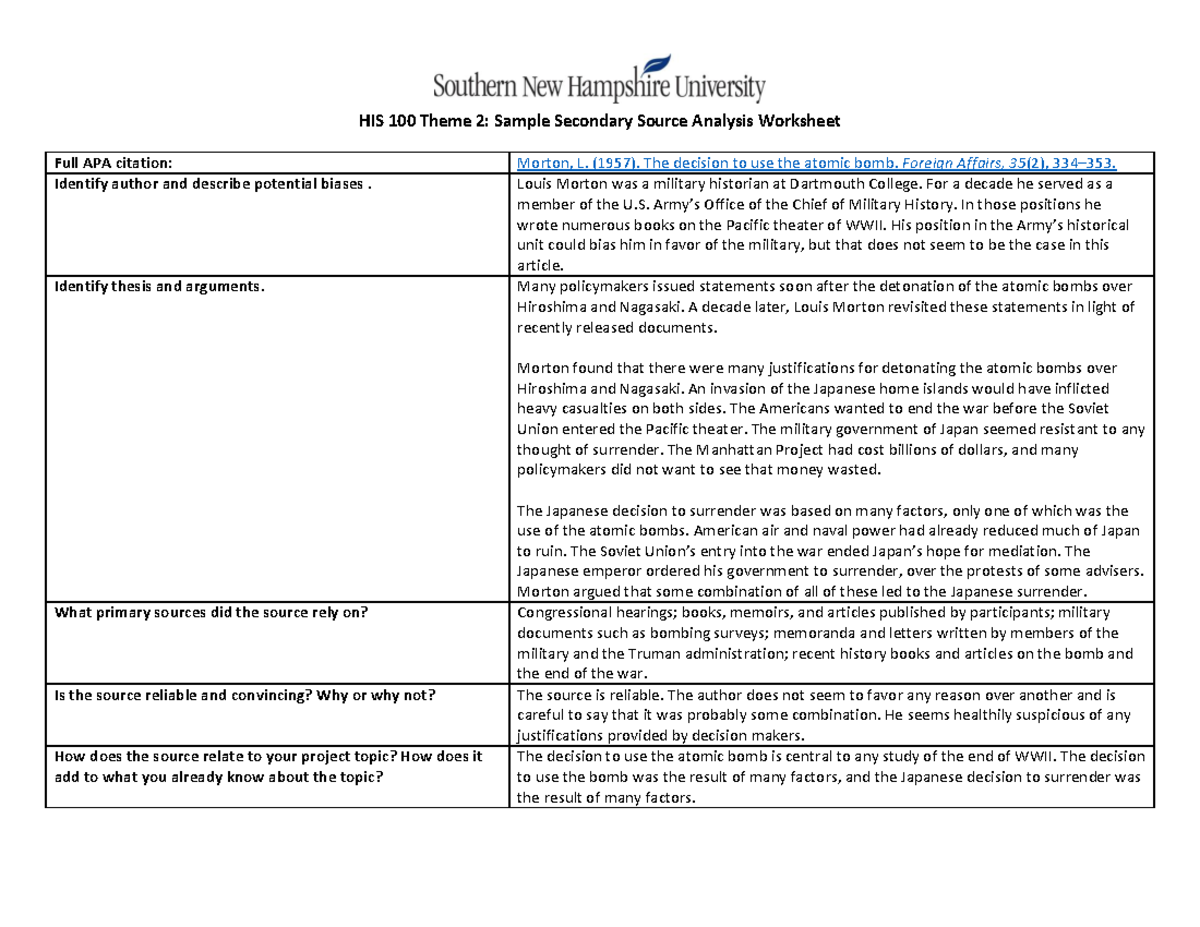 HIS 100 Sample Secondary Source Analysis Worksheet - Warning: TT ...