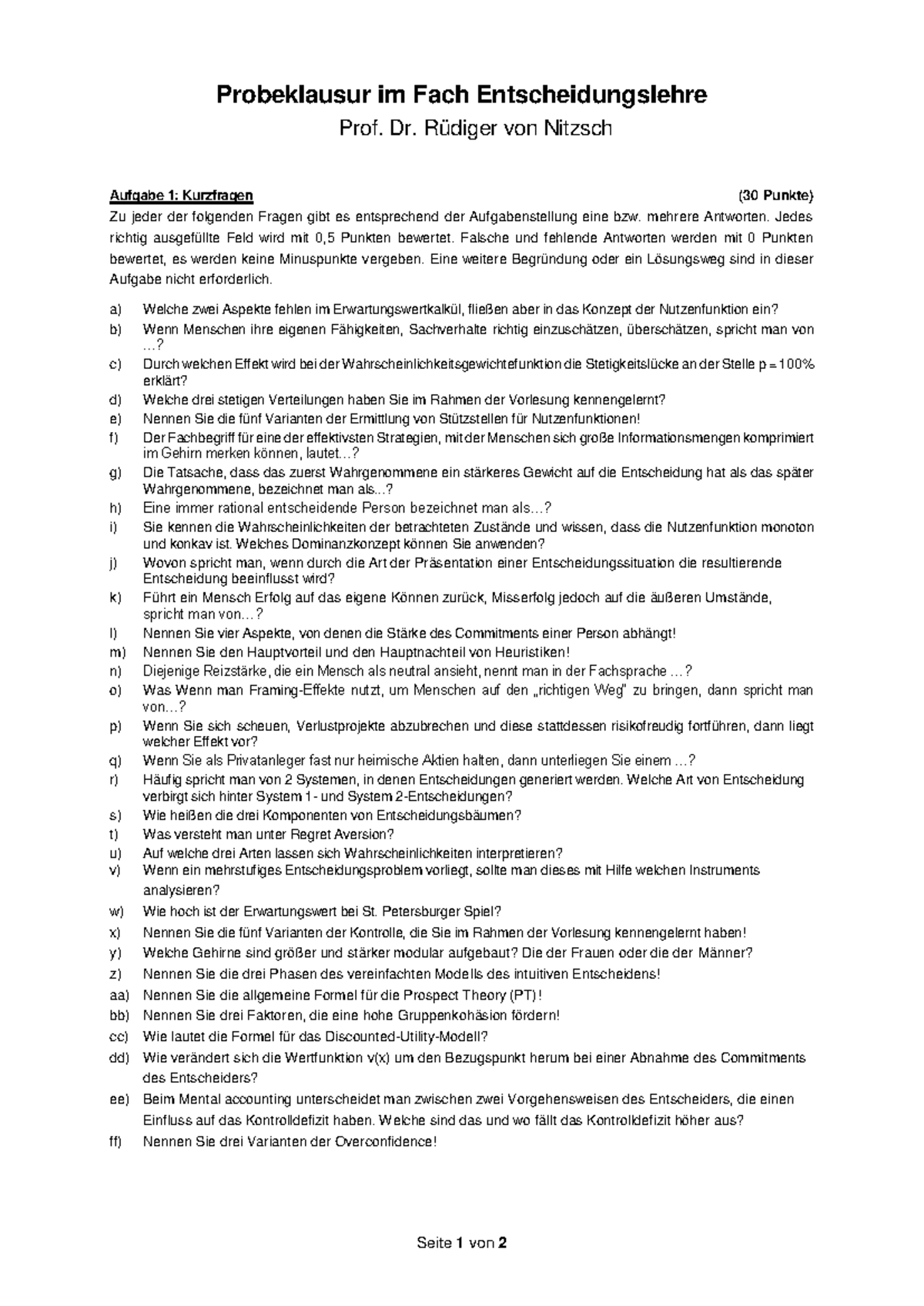 Probeklausur 2016: Entscheidungslehre - Fragen & Aufgaben(2013/2016) - Document Preview