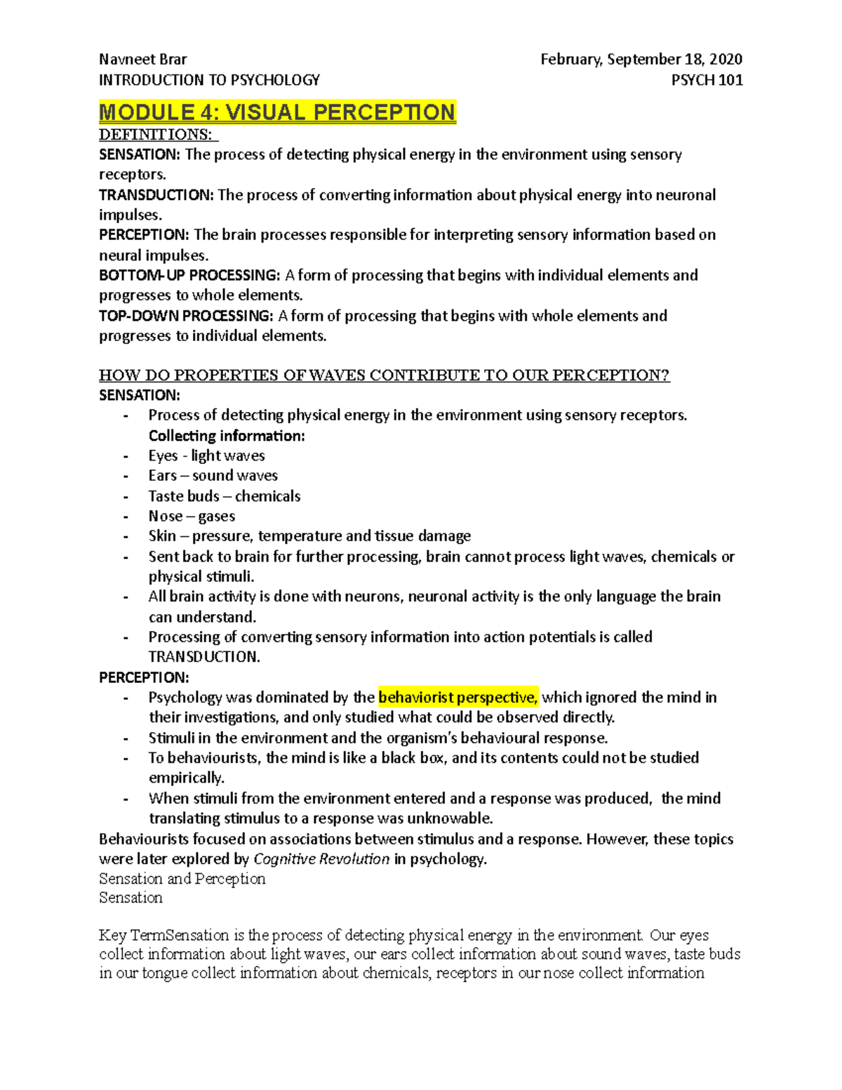 Week 4 module 4 visual perception - INTRODUCTION TO PSYCHOLOGY PSYCH ...