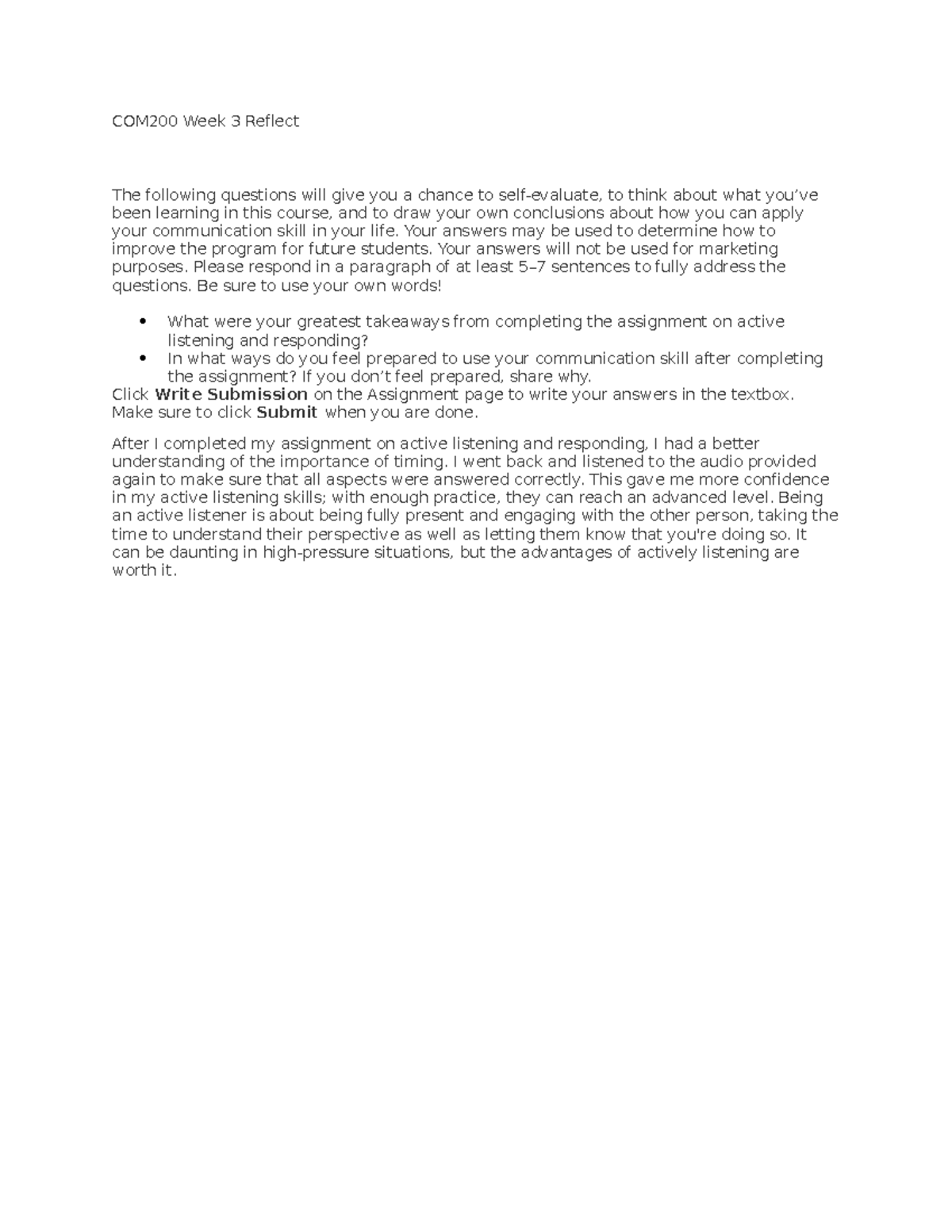 COM200 Week 3 Self-Reflection on Active Listening Skills - Studocu