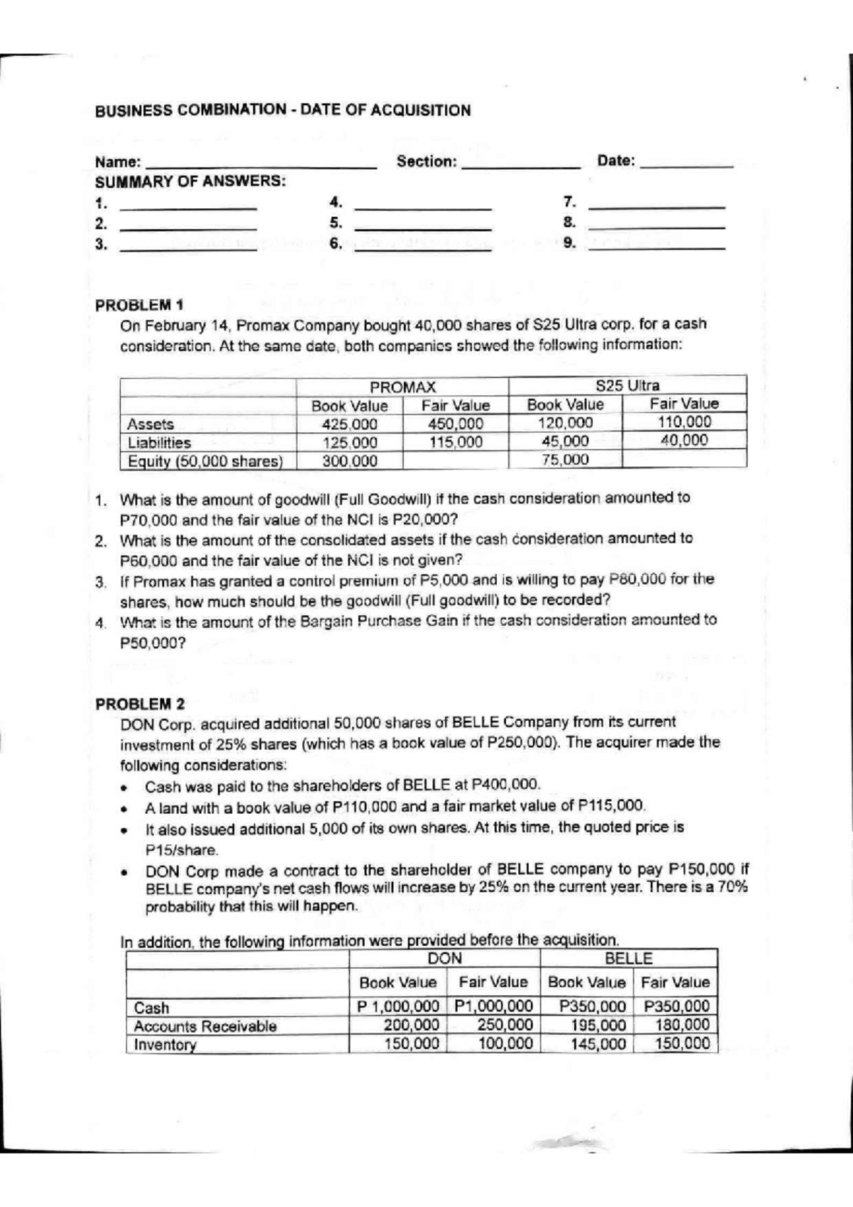 Business Combination Problems: Full Goodwill & Consolidated Assets ...
