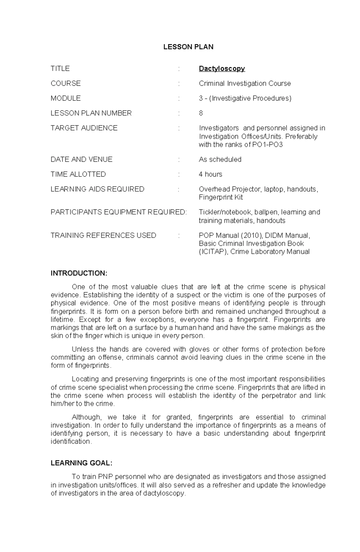 Criminal Investigation Course: Case Review Lesson Plan (Module 3) - Studocu