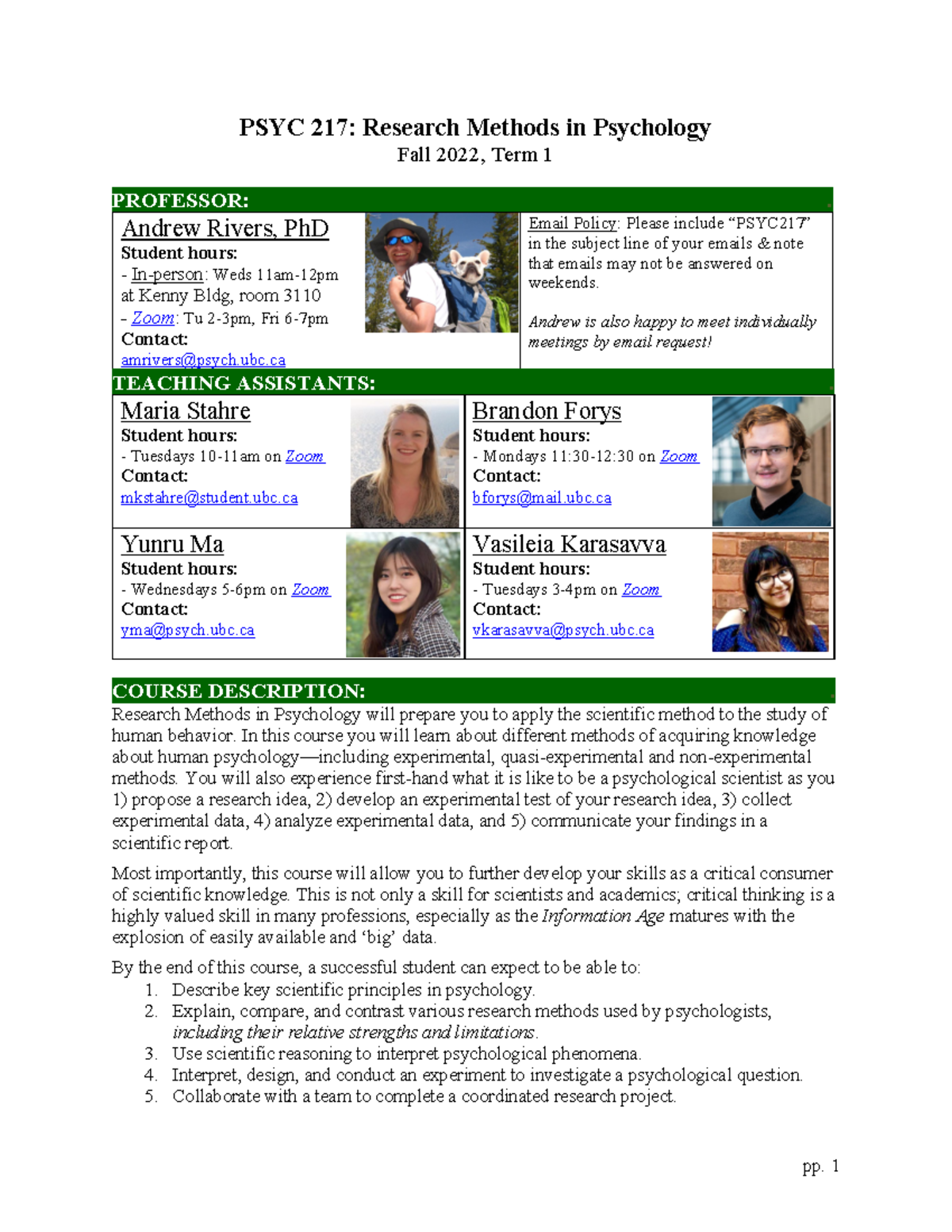 Syllabus for PSYC 217: Research Methods in Psychology - Fall 2022 - Studocu