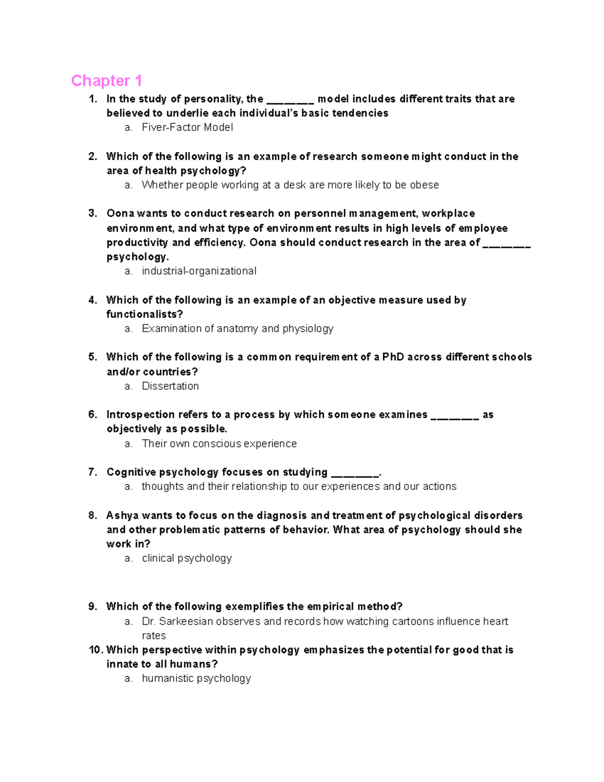 Psych Quizzes: Chapters 1-3 Overview for PSY101 Final Exam - Studocu