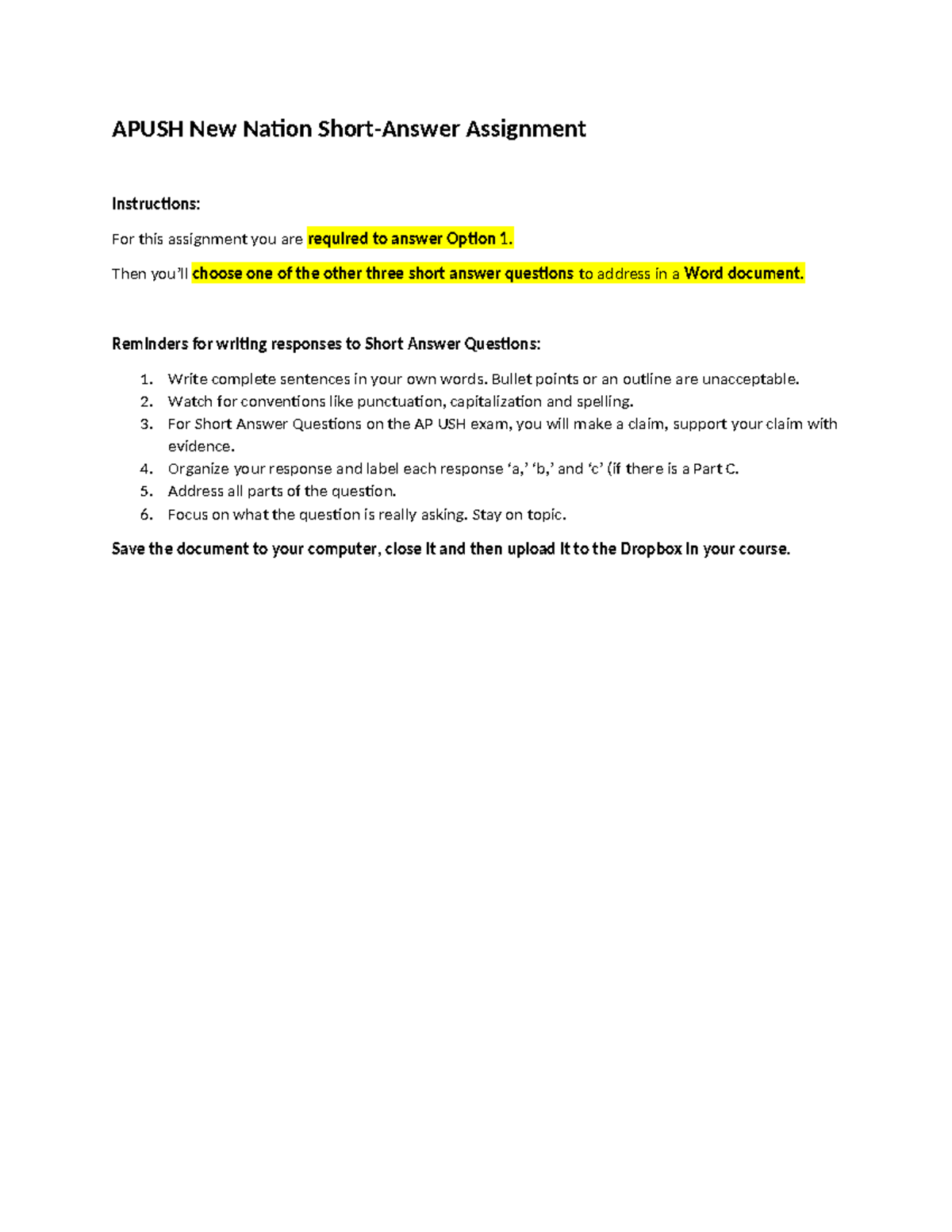 APUSH Assignment: New Nation Short Answer Questions Instructions - Studocu