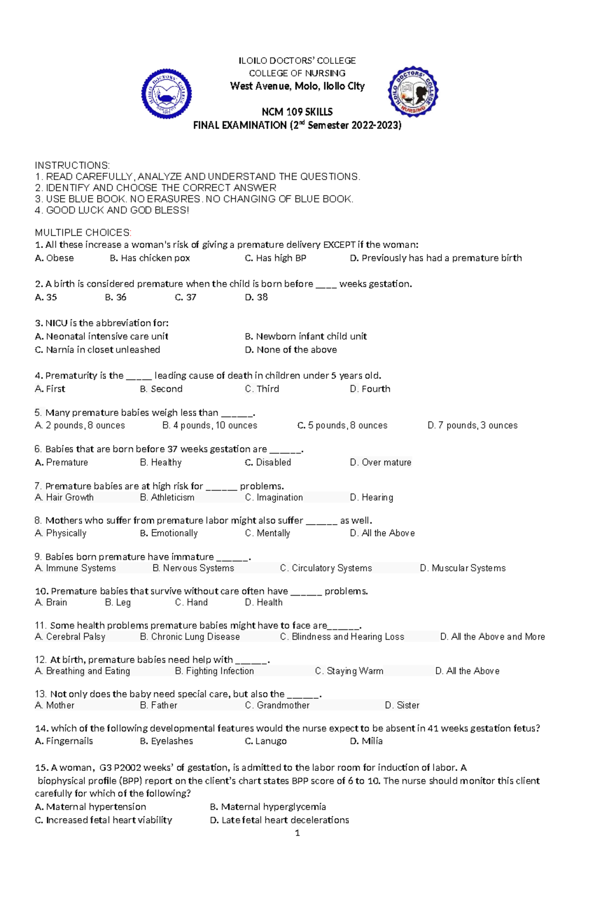 NCM 109 Skills Final Exam Review for BSN 2N Students - Studocu