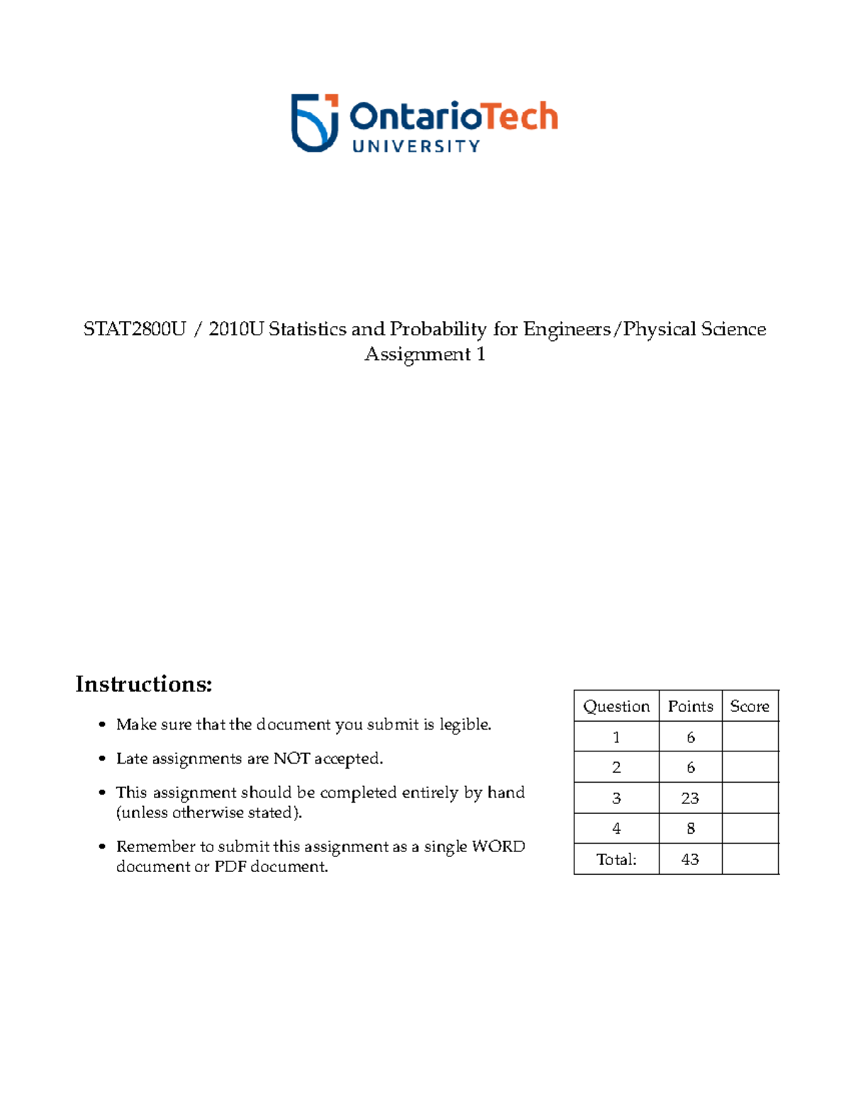 STAT2800U Assignment 1: Stats & Prob for Science - Summer 2023 - Studocu