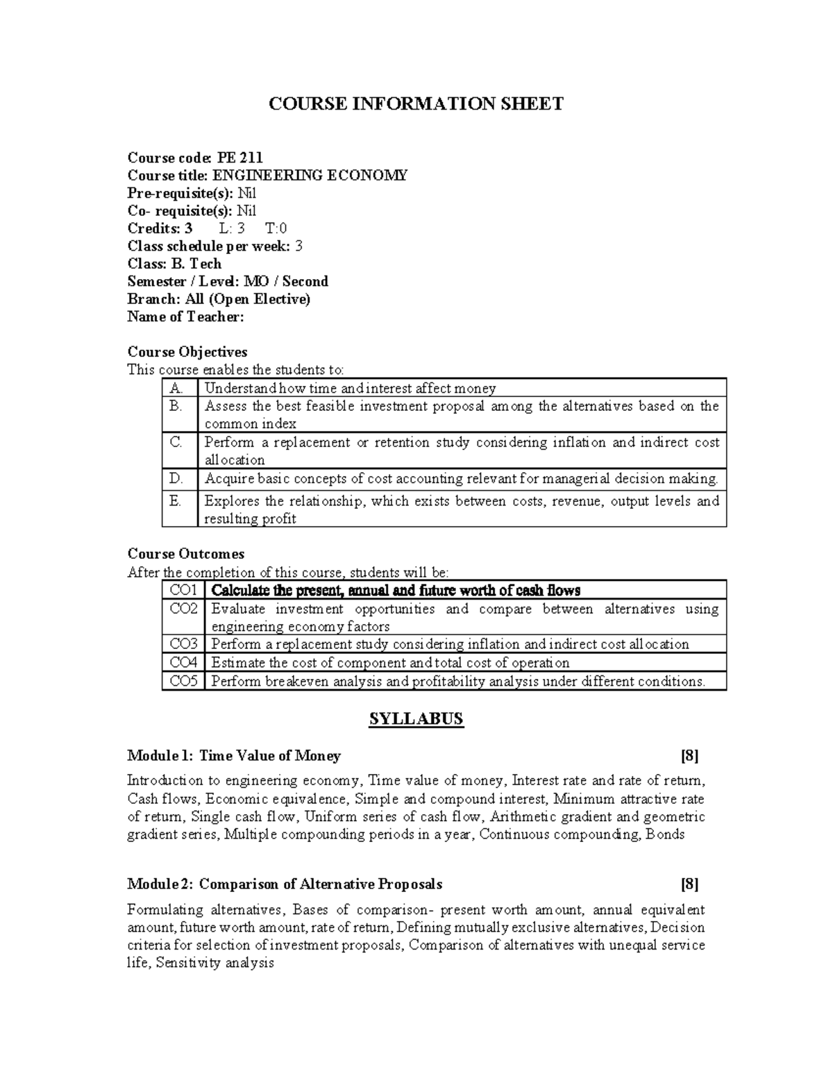 PE211 Engineering Economy Syllabus Overview for B. Tech Students - Studocu