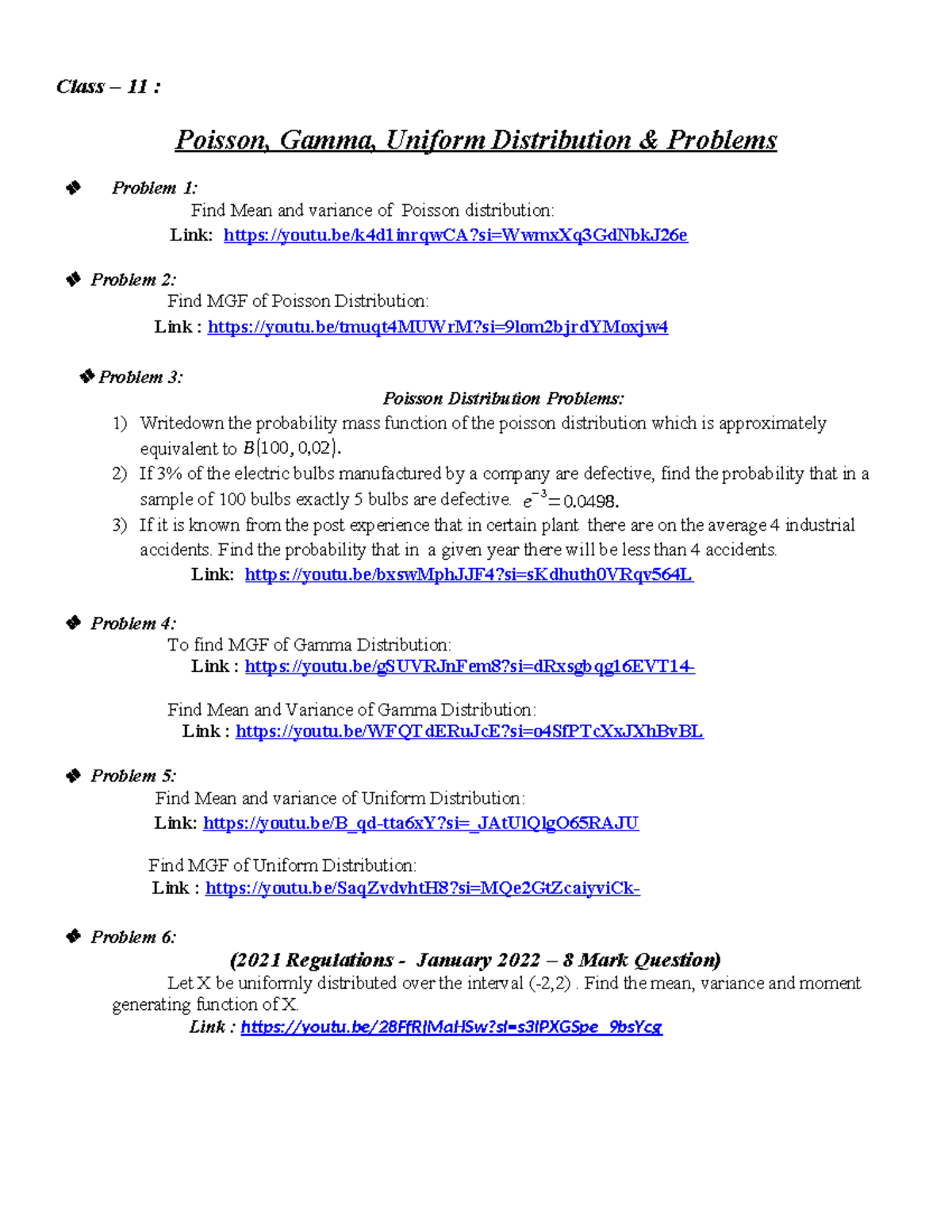 MA4151 notes - unit 2 - Class – 11 : Poisson, Gamma, Uniform ...