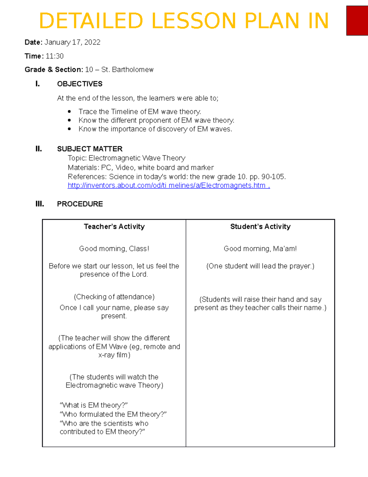 Detailed Lesson PLAN IN Science 10 - Date: January 17, 2022 Time: 11 ...