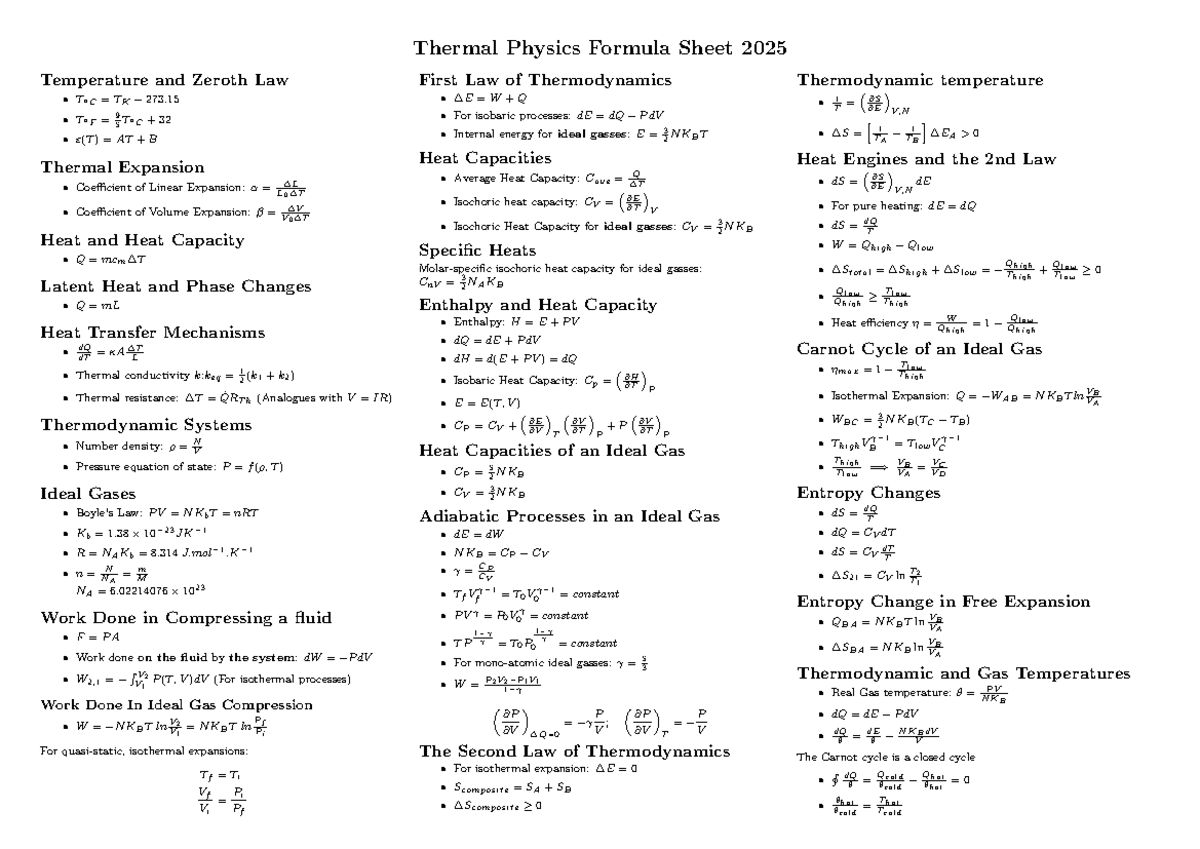 Thermal Physics Formula Sheet 2025: Key Concepts & Equations - Studocu
