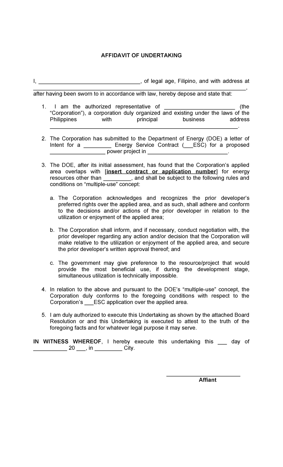Affidavit of Undertaking for Energy Service Contract Application - Studocu