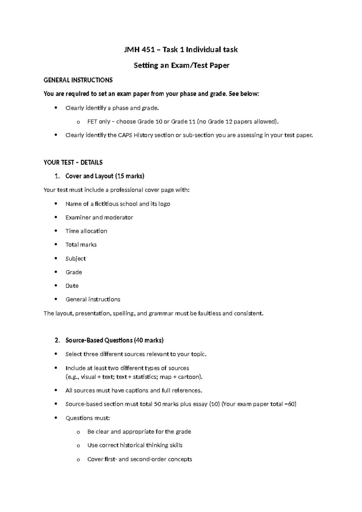 JMH 451 Task 1: Planning an Exam Paper for FET Grade 10/11 - Studocu
