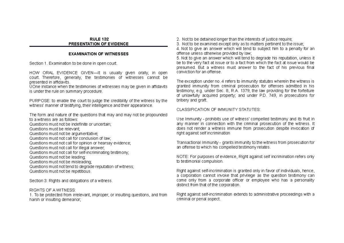 RULE 132-133 Presentation of Evidence and Witness Examination Notes ...