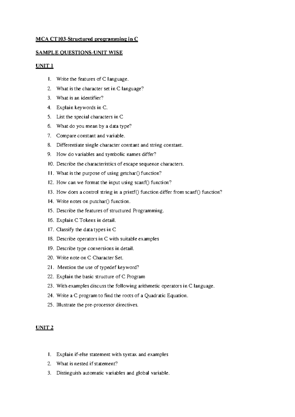 C Sample questions Sem 1 MG - MCA CT103-Structured programming in C ...