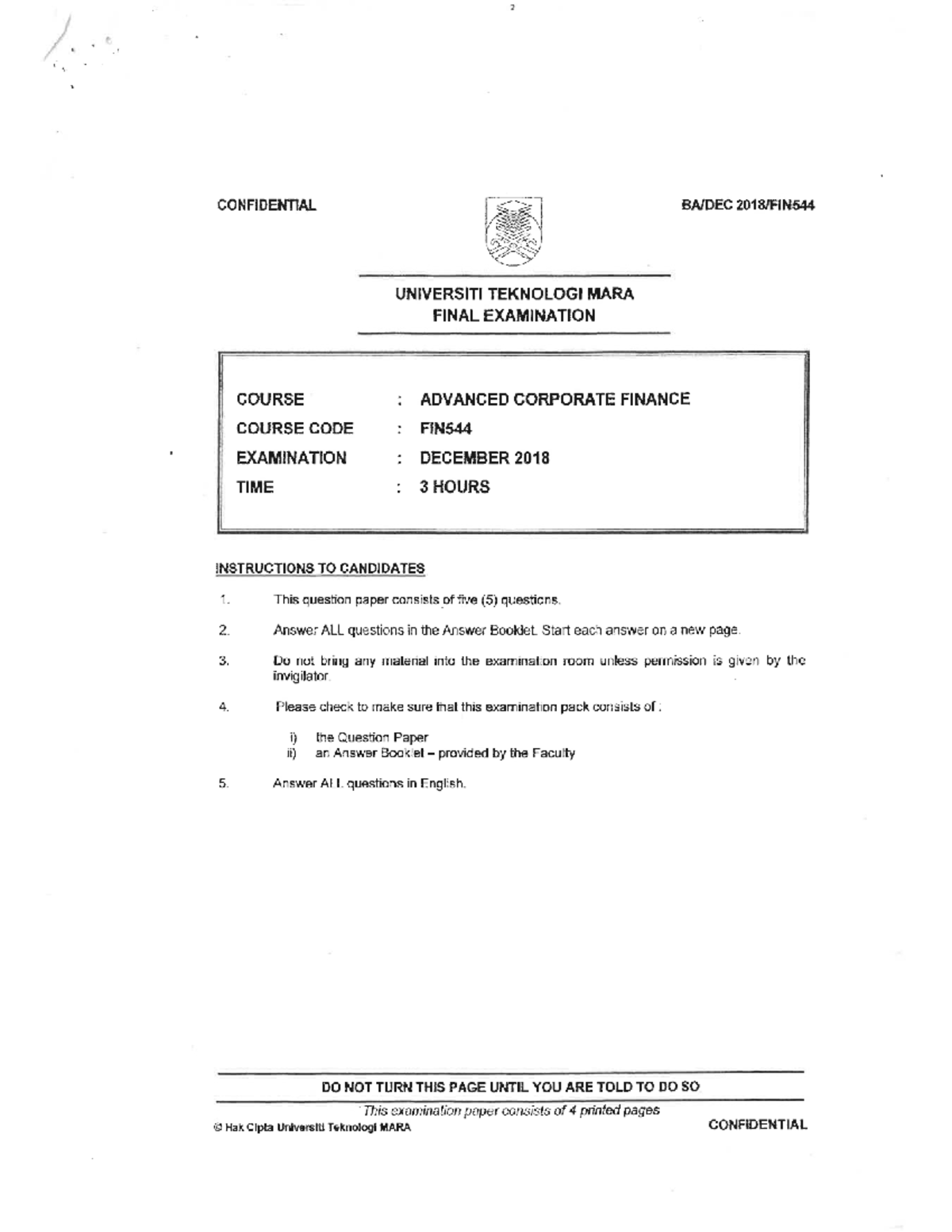 FIN544 Advanced Corporate Finance Final Exam December 2018 - Studocu
