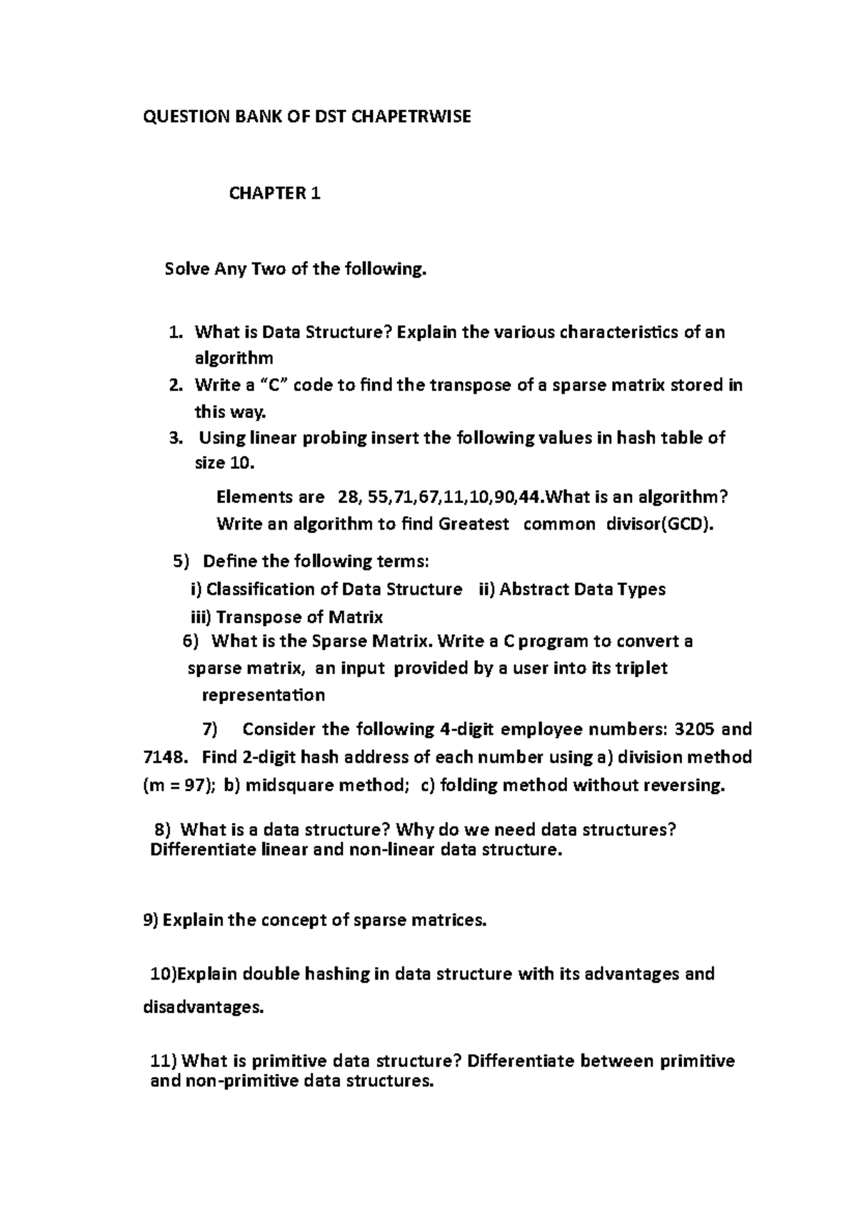Question Bank of DST: Chapterwise Data Structures & Algorithms - Studocu